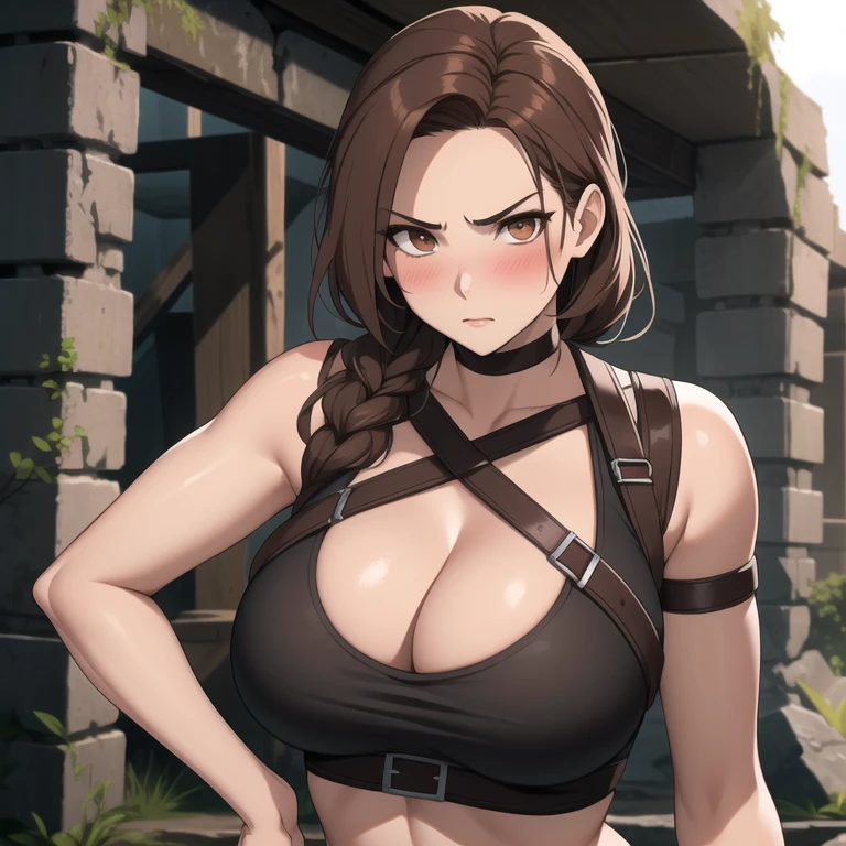  Lara croft woman 20 years old brown hair ,  red like ruby., serious expression, blush,  pale skin, big breasts, lara croft costume, Lara croft cosplay background some ancient ruins.