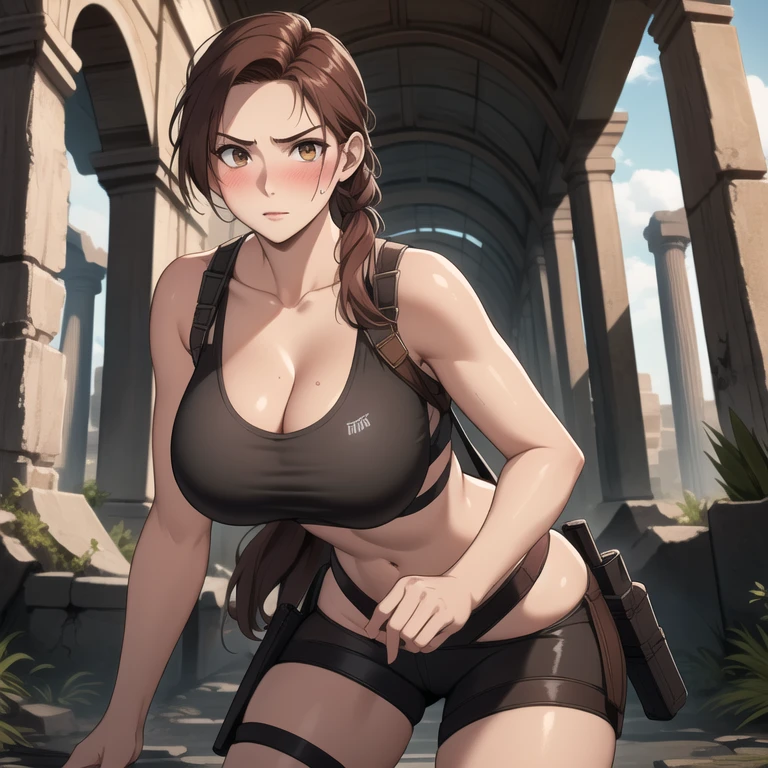  Lara croft woman 20 years old brown hair ,  red like ruby., serious expression, blush,  pale skin, big breasts, lara croft costume, Lara croft cosplay background some ancient ruins.