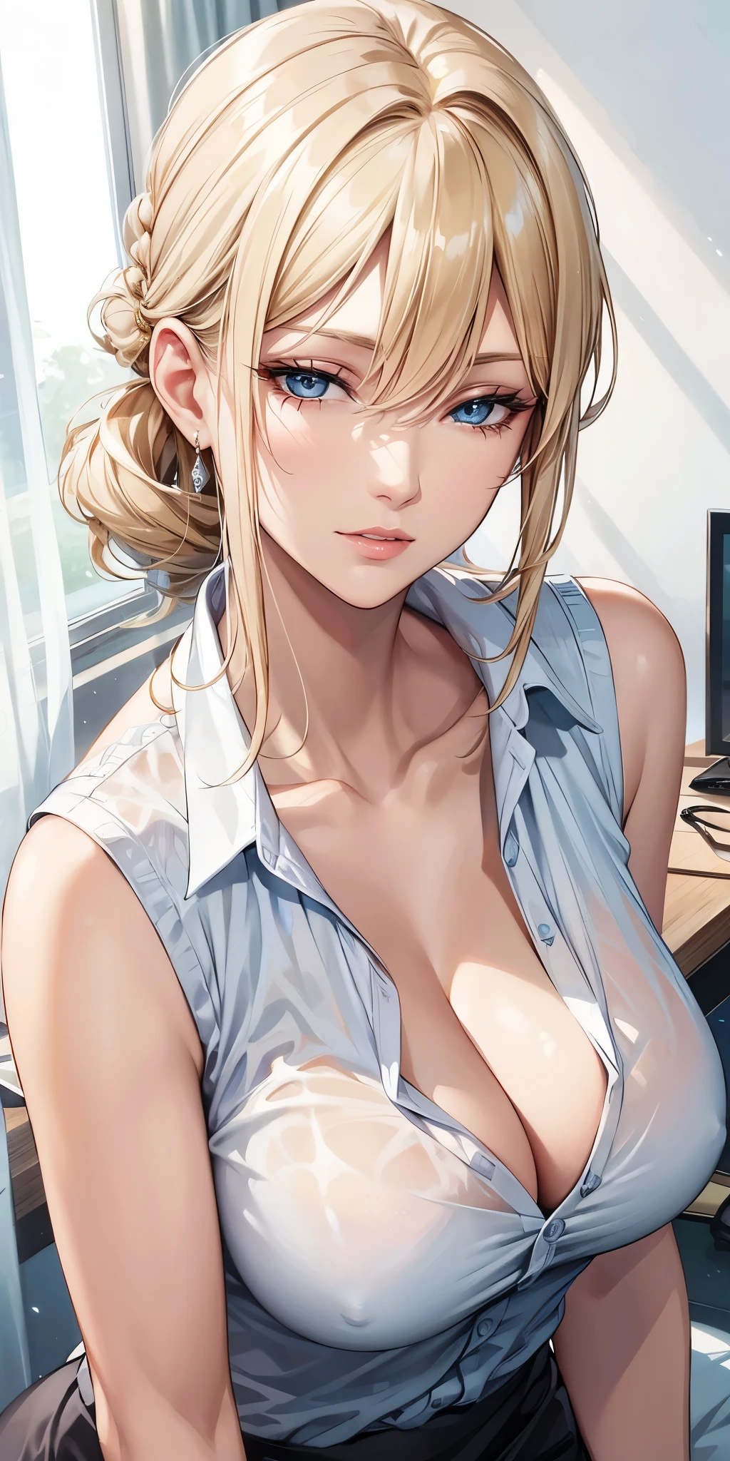 Elegant mature woman, milf, blue eyes, blonde hair, soft light, high detailed, 4k resolution, high quality, beautiful cg