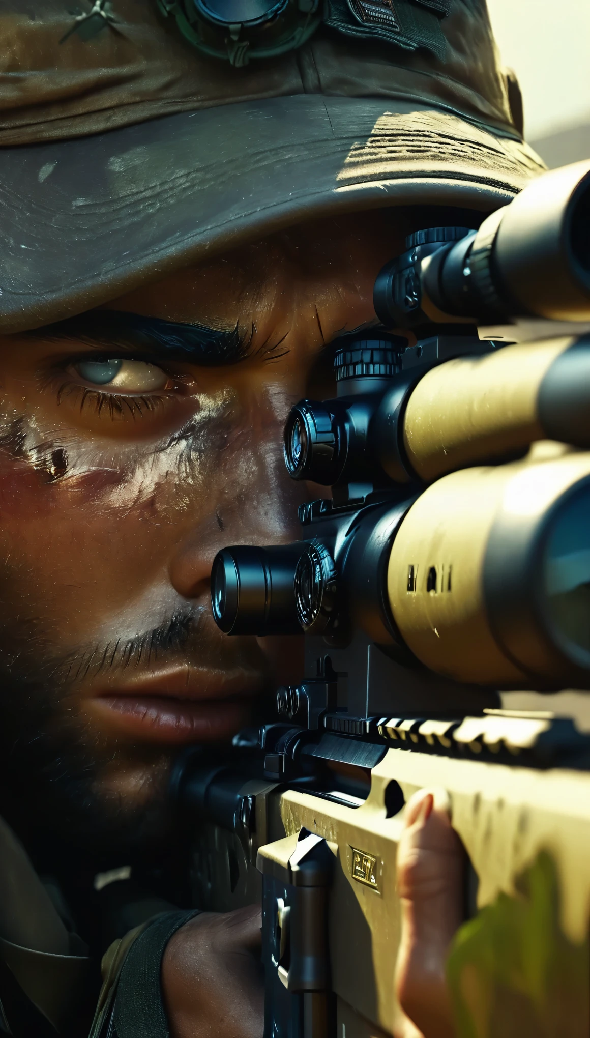 image from a sniper lens looking at his victim:1.5, A sniper aiming at a victim, first person view, like in video games, detailed portrait, realistic military uniform, highly detailed look, detailed facial features, sandy urban environment, lighting cinematic, muted color palette, dramatic shadows, photorealistic (best quality, 4k, 8k, high resolution, masterpiece: 1.2), ultra detailed, (realistic, photorealistic, photorealistic: 1.37) Expected consumption