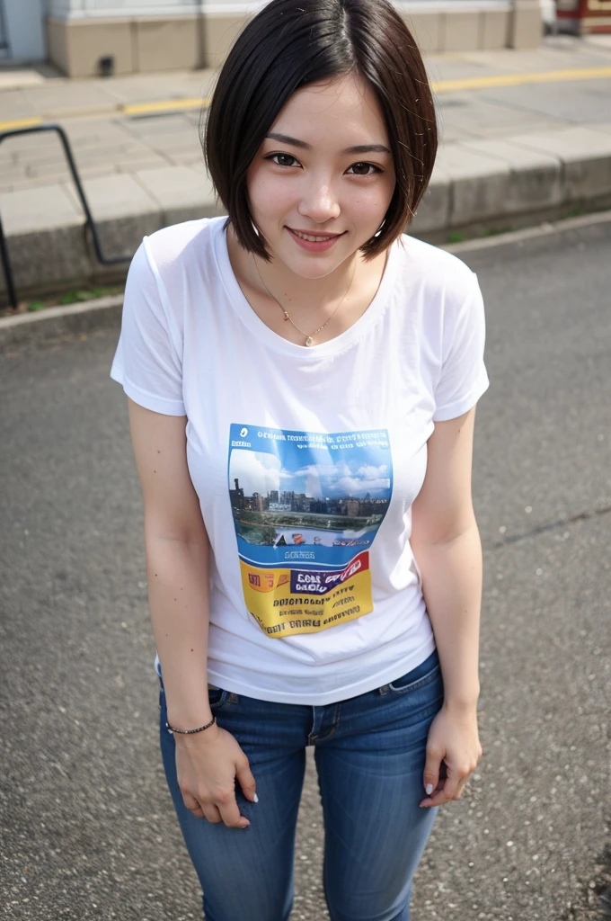 Top quality, 1 beautiful woman, super short Hair, shy Smile, wearing t-shirt, From Above