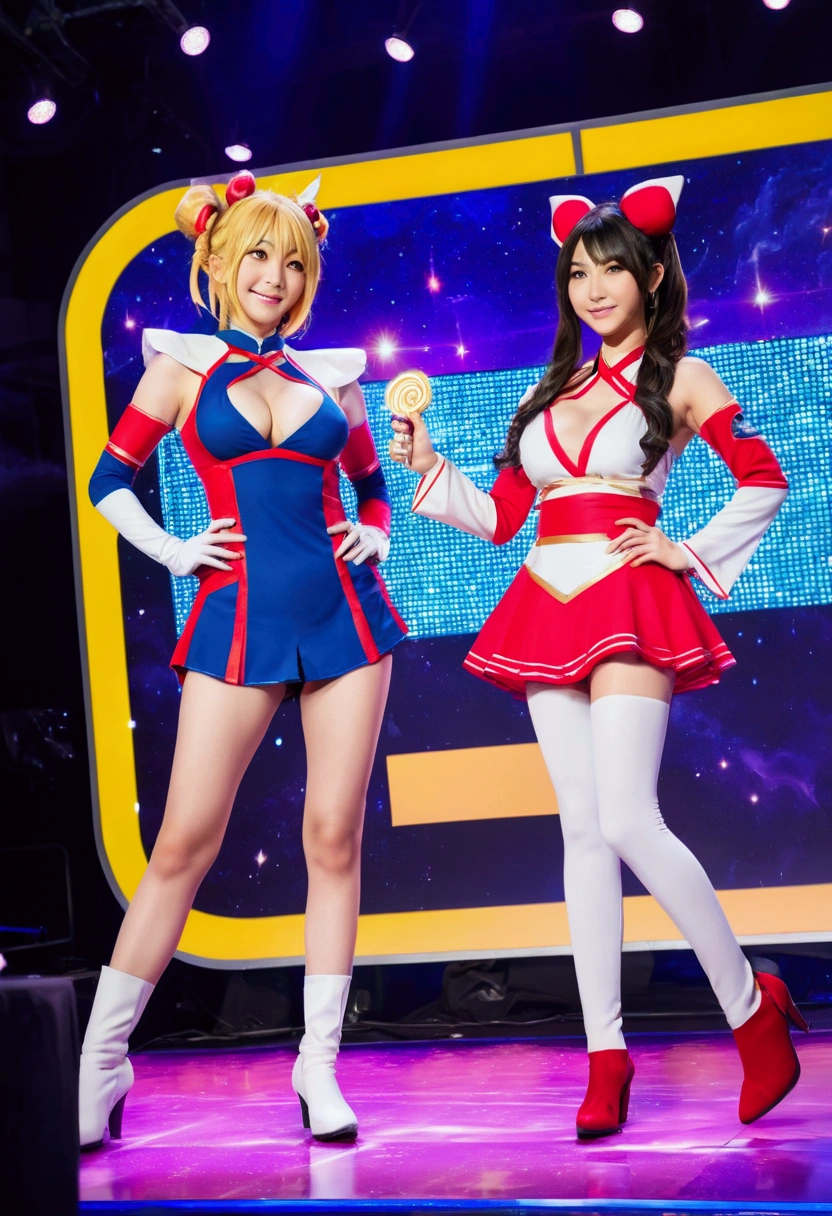 (((masterpiece,Highest quality,Ultra-high resolution))),(((Highest quality,8k,16K,super high quality))),((Japanese,One Girl,Idol)),(Large Breasts,F Cup,Tight waist,Tight ass,length, Thin legs),((Cosplayers dressed as game characters captivated the audience on the special stage at the game show)),(Giant screen,Gorgeous lighting,Smoke effect,light),Looking into the camera,smile,Seductive gestures,