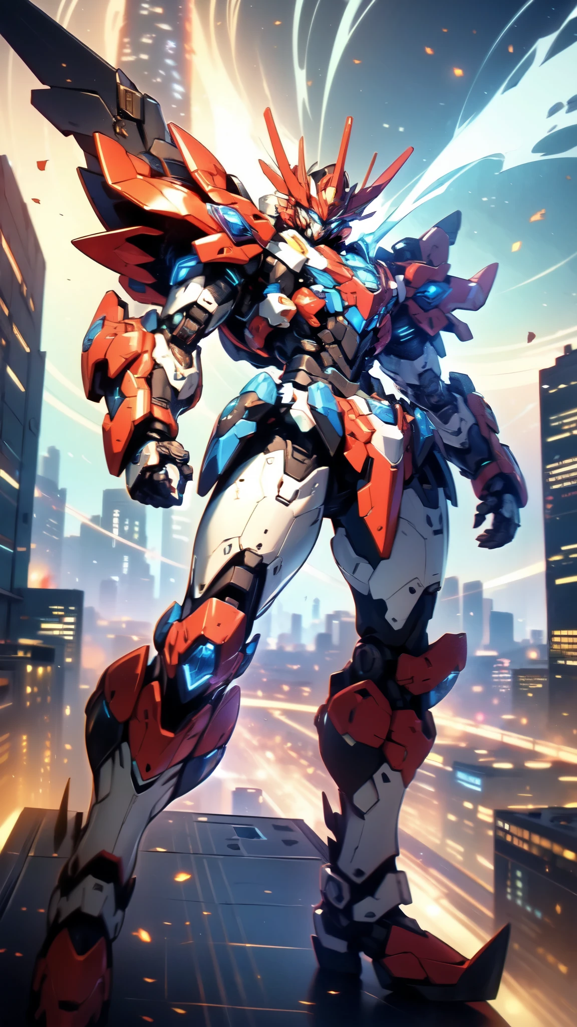 (masterpiece:1.5, best quality:1.5, extremely delicate:1.5), humanoid Mecha, fully enclosed shoulder guards, matching arm and leg guards, full body, full armor, the design balances heavy with agility, (the color scheme is primarily white with red and blue accents, the concept Inspired by Super robot, organic biotech armor, standing, floating high above the futuristic sci-fi city), exquisite and mature art style, (aura effect, energy, glowing eyes, the armor glows), ((SRS)), metallic, dramatic, high definition, highres, ultra-detailed, ultra-fine painting, professional, perfect body proportions, anatomically correct, symmetrical face, extremely detailed eyes and face, high quality eyes, creativity, RAW photo, UHD, 32k, Natural light, cinematic lighting, masterpiece-anatomy-perfect