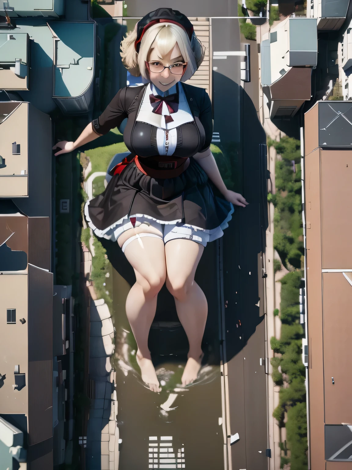multiple girls, giantess art, highly detailed giantess shots, giantess, most detailed, perfect face, Two legs, Five fingers, short hair, A beautiful girl who is bigger than a skyscraper, Wearing rimless glasses, smile, huge breasts, Maid clothes, Black Pantyhose, no shoes on, toes visible through pantyhose, Steam coming out from the soles of my feet, Destroying cities, Under heavy attack, A very small big city, Miniature metropolis, Full body description, GTS, giga giantess, stomping city, crash city, tiny city, micro city, pantyhose feet, High resolution, highest quality, masterpiece,