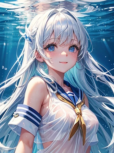 (See through:1.3),White Seraphim,Sailor suit, White Theme,, Sailor suit, View the viewer, Insanity, Long, messy hair, Beautiful and detailed eyes,I shine,Elevation,Blue sailor collar, Firm breasts,Smiling Kindly,Underwater Photography...