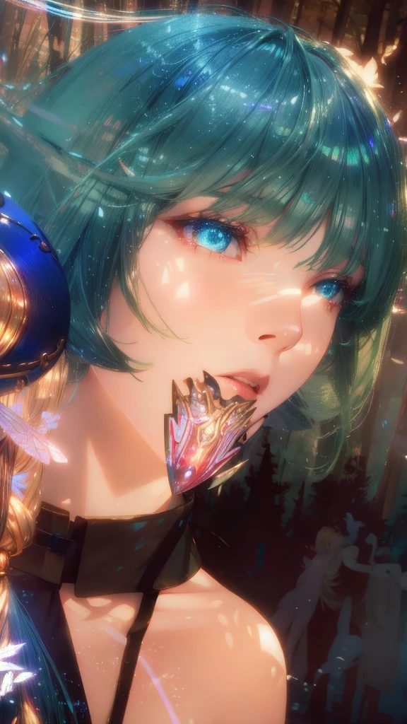 elf women,blond long hair,floating hair,forest,(volumetric light:1.5),(iridescent light:1.2),(glowing:1.2),cowboy shot,