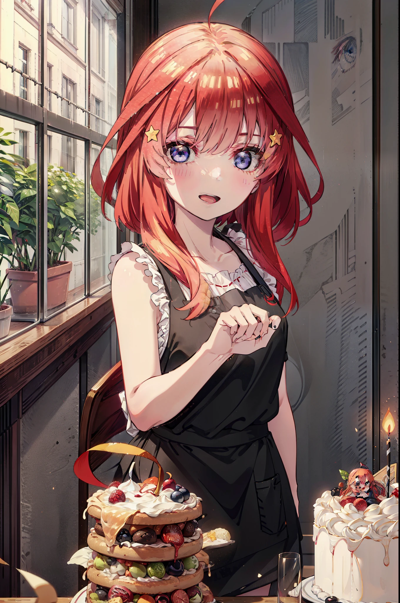 itsukinakano, Itsuki Nakano, bangs, blue eyes, Hair between the eyes, Ahoge, Redhead, star \(symbol\), hair ornaments,happy smile, smile, Open your mouth,cracker, star hair ornaments,Red Tank Top,Long skirt,Black pantyhose,apron,Walking,There is food and a birthday cake on the table,
break indoors, room,
break looking at viewer,Upper Body,
break (masterpiece:1.2), Highest quality, High resolution, unity 8k wallpaper, (figure:0.8), (Beautiful attention to detail:1.6), Highly detailed face, Perfect lighting, Highly detailed CG, (Perfect hands, Perfect Anatomy),