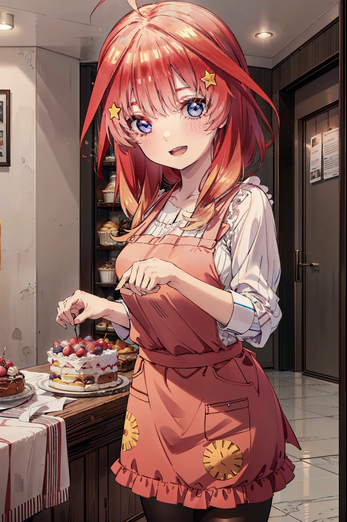 itsukinakano, Itsuki Nakano, bangs, blue eyes, Hair between the eyes, Ahoge, Redhead, star \(symbol\), hair ornaments,happy smile, smile, Open your mouth,cracker, star hair ornaments,Red Tank Top,Long skirt,Black pantyhose,apron,Walking,There is food and a birthday cake on the table,
break indoors, room,
break looking at viewer,Upper Body,
break (masterpiece:1.2), Highest quality, High resolution, unity 8k wallpaper, (figure:0.8), (Beautiful attention to detail:1.6), Highly detailed face, Perfect lighting, Highly detailed CG, (Perfect hands, Perfect Anatomy),