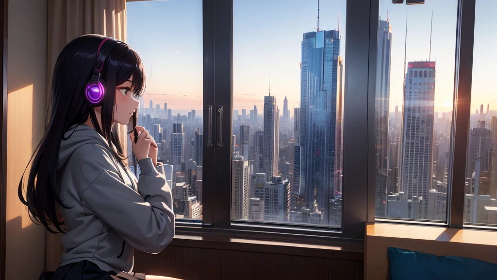 Ultra-high resolution, 8k, (Official Art, beautifully、mysterious:1.2), Anime Art Wallpaper, Works by Makoto Xin Haicheng, Lofi Art Style, Lo-fi feel, Perfect human body engineering, 1 female, Impressive eyes, Oversized hoodie and short skirt, Shiny long black hair, Larger than average bust, Listening to music through headphones, Looking out the window, City Room, A room for music lovers, city view from the window, Impressive cityscape, Bright Sky, meteor, Wide angle, Before dusk