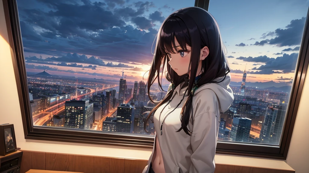 Ultra-high resolution, 8k, (Official Art, beautifully、mysterious:1.2), Anime Art Wallpaper, Works by Makoto Xin Haicheng, Lofi Art Style, Lo-fi feel, Perfect human body engineering, 1 female, Impressive eyes, Oversized hoodie and short skirt, Shiny long black hair, Larger than average bust, Listening to music through headphones, Looking out the window, City Room, A room for music lovers, city view from the window, Impressive cityscape, Bright Sky, meteor, Wide angle, Before dusk