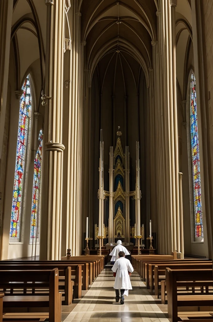 Altar server walking on a path elevated to heaven where the Altar and God are located