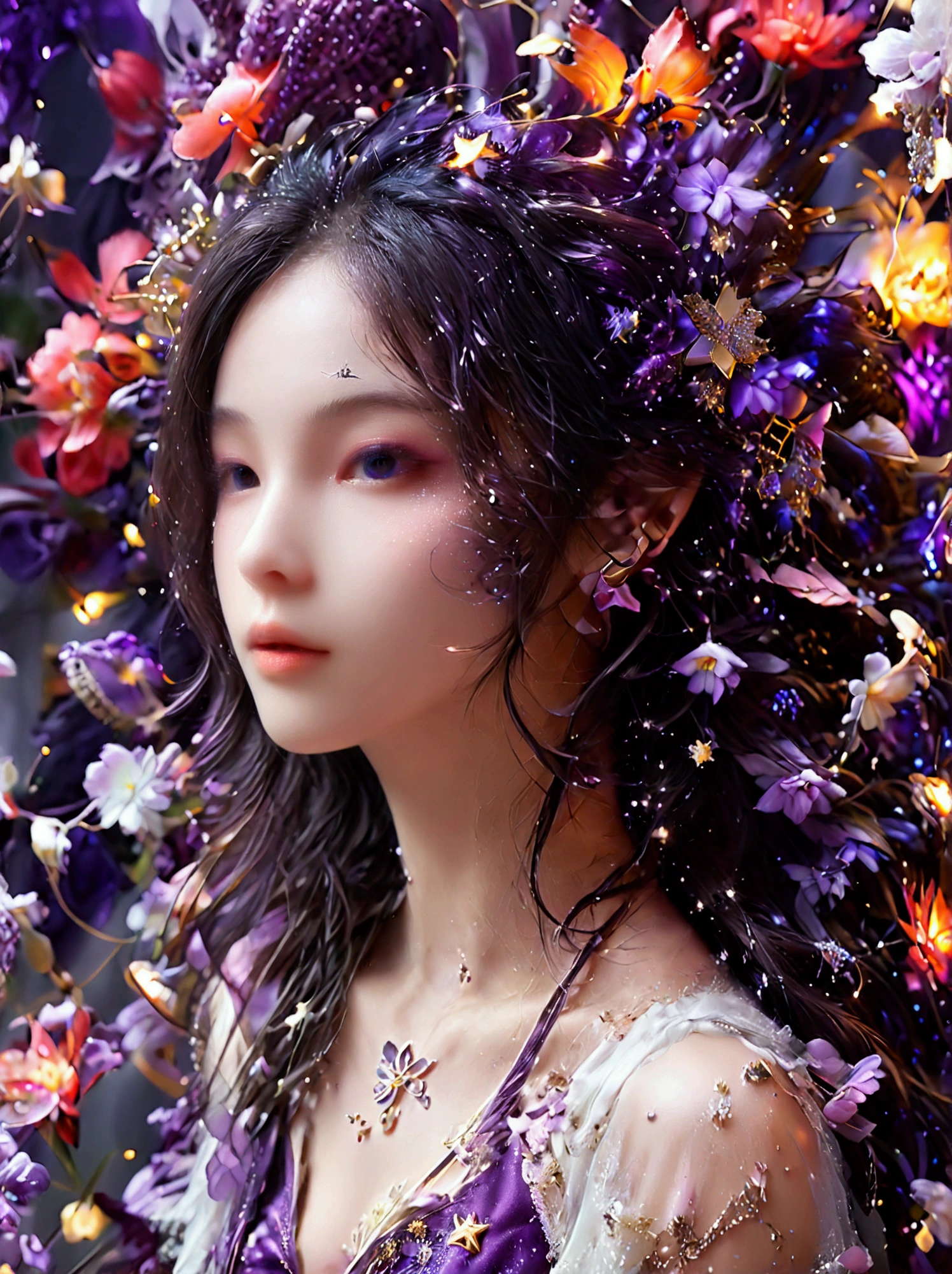Best quality,8k,high resolution,masterpiece,Ultra Detailed,lifelike,Photorealism,A beautiful Korean girl,45度斜侧着Looking up,Red hair with two braids,戴着Purple的月亮发夹,穿着Purple的的吊带衫,(穿着Purple牛仔裤:1.5),(脚上穿着Purple高跟鞋,Black thin socks:1.5),There are doodle moon and stars on it,Purple的眼睛和Purple长睫毛,Purple的金属项链和吊坠耳环,(whole body:1.5),(Vision:1.5),(她一只手拿着Purple的钻石话筒),(一只手举着Purple的荧光棒),Funny and lively expressions,Purple,Platinum hue,Hand drawn art style,Graffiti Art,Street art,虚化的Purple泡泡背景,Bright colors,45 oblique angle,Looking up,Ultra HD, Physically Based Rendering,Extremely detailed description,Ultra-detailed paintings,Futuristic interior decoration,Neon lights,Sharp focus,Vibrant colors,Science Fiction,Concept Art,High-tech atmosphere,Studio Lighting,HDR,Ultra HD,Bokeh