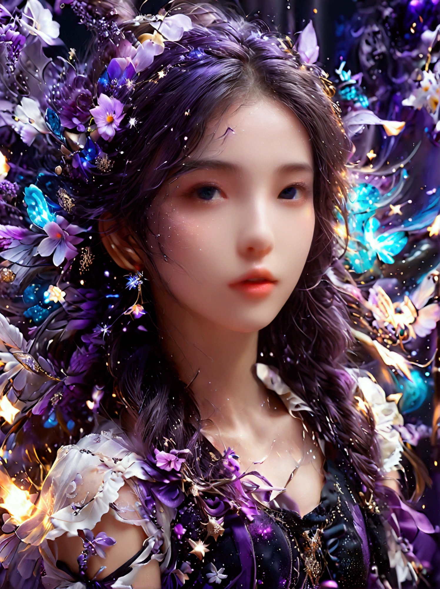 Best quality，8k，high resolution，masterpiece，Ultra Detailed，lifelike，Photorealism，A beautiful Korean girl，45度斜侧着Looking up，Red hair with two braids，戴着Purple的月亮发夹，穿着Purple的的吊带衫，(穿着Purple牛仔裤:1.5)，(脚上穿着Purple高跟鞋，Black thin socks:1.5)，There are doodle moon and stars on it，Purple的眼睛和Purple长睫毛，Purple的金属项链和吊坠耳环，(whole body:1.5)，(Vision:1.5)，(她一只手拿着Purple的钻石话筒)，(一只手举着Purple的荧光棒)，Funny and lively expressions，Purple，Platinum hue，Hand drawn art style，Graffiti Art，Street art，虚化的Purple泡泡背景，Bright colors，45 oblique angle，Looking up，Ultra HD, Physically Based Rendering，Extremely detailed description，Ultra-detailed paintings，Futuristic interior decoration，Neon lights，Sharp focus，Vibrant colors，Science Fiction，Concept Art，High-tech atmosphere，Studio Lighting，HDR，Ultra HD，Bokeh