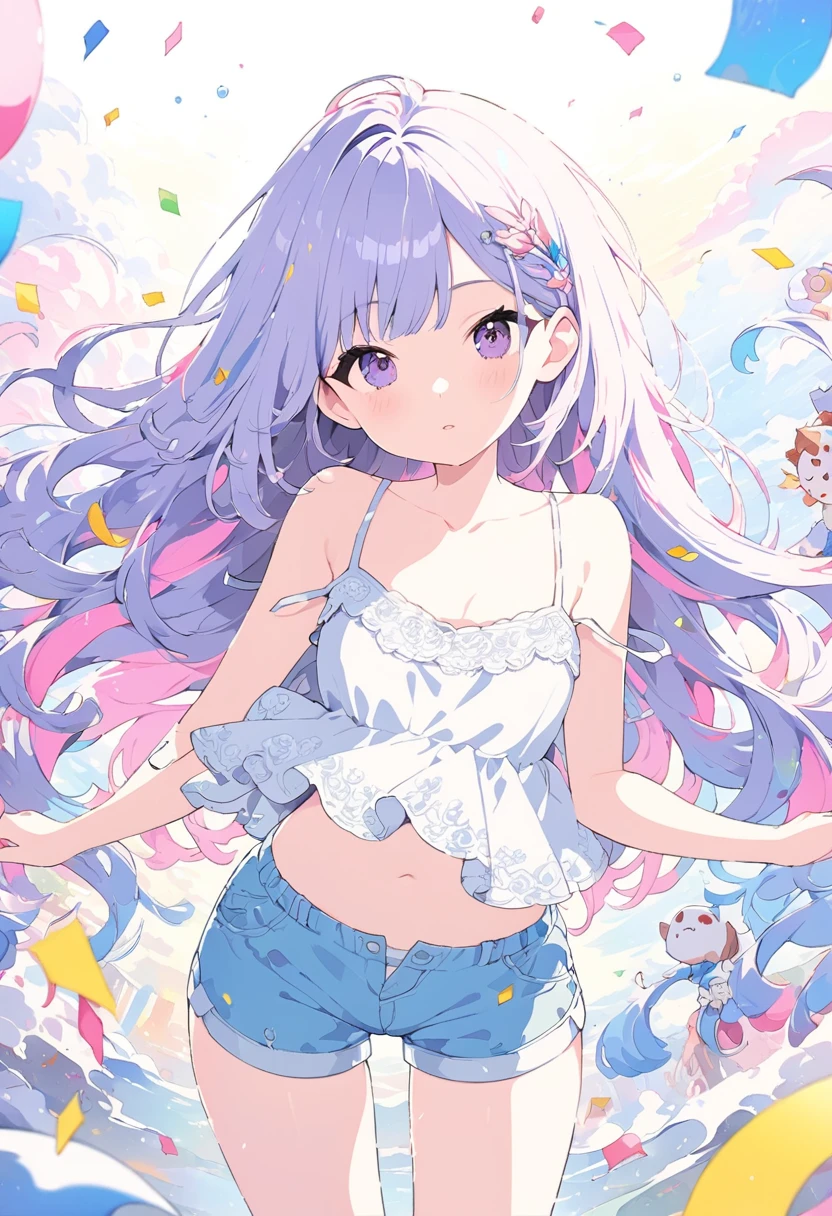 Momoko Sakura Style、8K quality、Intense watercolor,, Watercolor splash, Surreal, Avant-garde pop art, Beautiful and expressive paintings, Beautiful artwork illustration, Very colorful tones, wonderful, Cool Beauty, Highest quality、Official Art, Vector art, Stylish design, (((The most beautiful girl))), (Confetti),((Thin legs))、(((Highest quality))), High resolution, ((detailed)), (((Doodle Art)), ((masterpiece)), ((Super detailed)),(((camisole,Shorts))),,(Sexual)