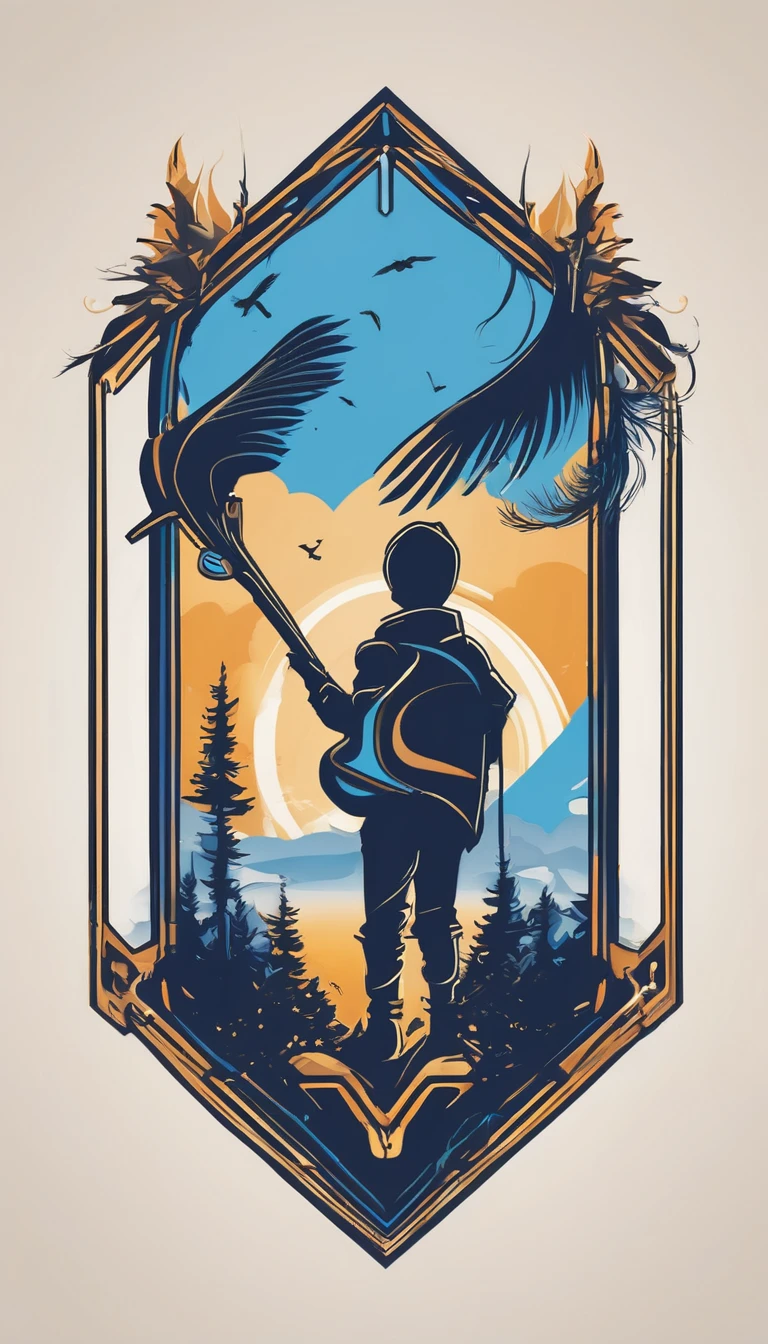 Create a minimalistic, simple, fantastic, easy to understand, logo design of a boy and a feather for an upcoming Role Playing Game called " Penamemoria". The game is about a world of bird and feathers and the inspirational, creative journey of a boy and his acoustic guitar. A boy enters that world and discovers his true artistic identity. Create a logo design that transmits the essence of this videogame and this world. It´s a fantasy game, with fantasy elements. Create the minimalistic logo in the center and a fantasy theme as background. Use the colours blue, white, light golden in the logo.
