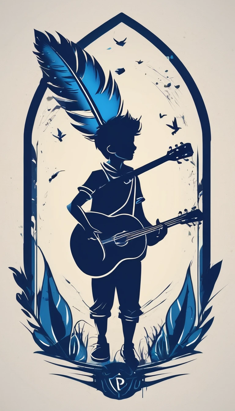 Create a minimalistic, simple, fantastic, easy to understand, logo design of a boy and a feather for an upcoming Role Playing Game called " Penamemoria". The game is about a world of bird and feathers and the inspirational, creative journey of a boy and his acoustic guitar. A boy enters that world and discovers his true artistic identity. Create a logo design that transmits the essence of this videogame and this world. It´s a fantasy game, with fantasy elements. Create the minimalistic logo in the center and a fantasy theme as background. Use the colours blue, white, light golden in the logo.
