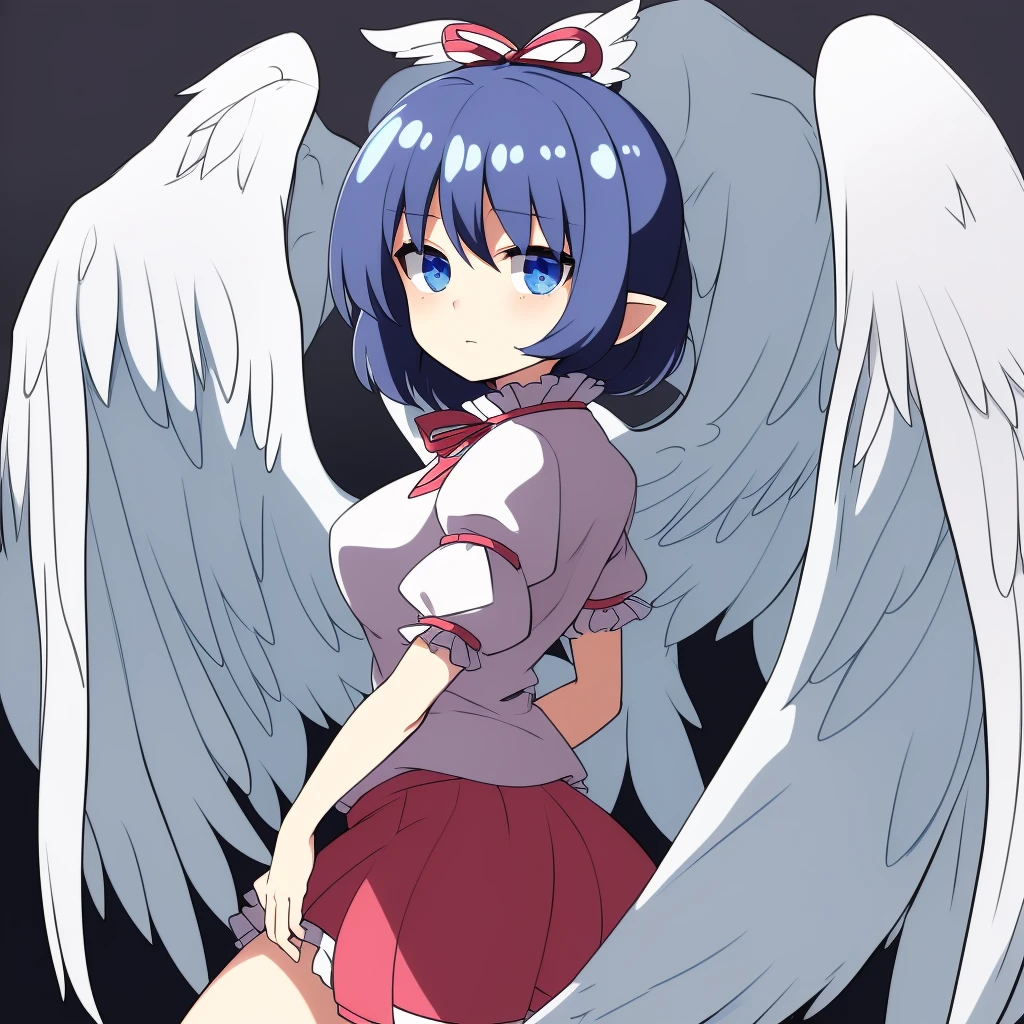 (best quality,4k,8k,highres,masterpiece:1.2), ultra-detailed, highly detailed texture, intricate details, high quality textures, a cute age angel with blue eyes, drawn in anime style, 1girl, , , 10 ydium blue hair, hair flaps, pink ribbon on head, well-formed face, blue eyes, angel girl, white blouse, puffy short sleeves, red ribbon, angel wings, long white skirt, red shoes, frills, ribbon head, A pair of angel wings on the back, clean line drawings, cute