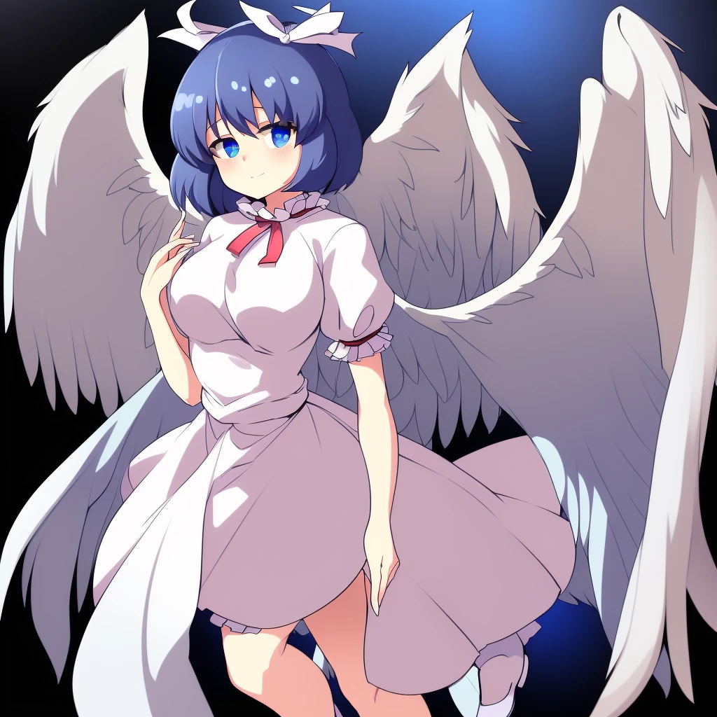 (best quality,4k,8k,highres,masterpiece:1.2), ultra-detailed, highly detailed texture, intricate details, high quality textures, a cute teenage angel with blue eyes, drawn in anime style, 1girl, , , , medium blue hair, hair flaps, pink ribbon on head, well-formed face, blue eyes, angel girl, white blouse, puffy short sleeves, red ribbon, angel wings, long white skirt, red shoes, frills, ribbon head, A pair of angel wings on the back, clean line drawings, cute