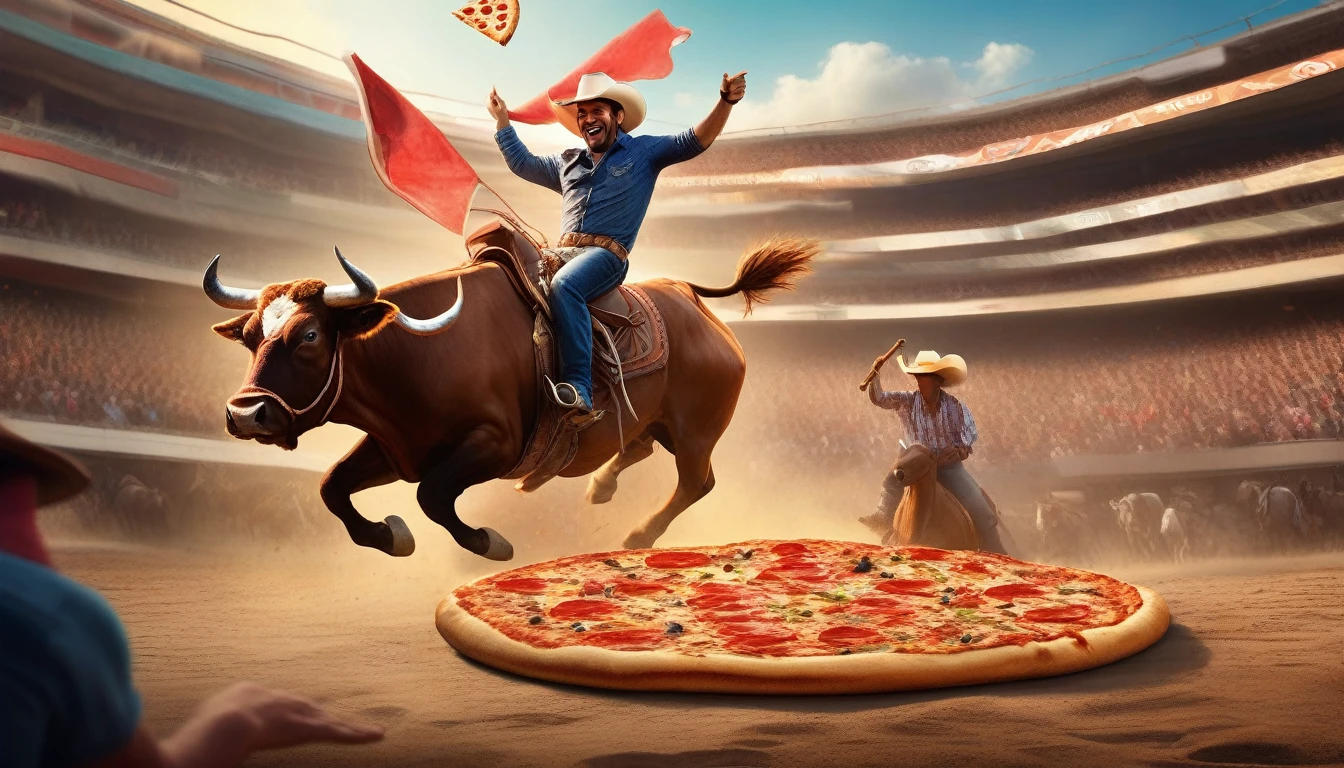 A colorful and eclectic photograph in a photorealistic and cinematic style. Holding a slice of pizza in his hand, a rodeo rider riding a fighting bull, holding a slice of pizza in his hand. The bull jumps furiously and the worker on top of him smiles, holding a slice of pizza. The setting is an arena with a huge audience watching the rodeo.  With a playful and magical atmosphere, the work presents a layered, three-dimensional quality, as if different elements had been glued to the canvas in a natural and realistic way. The composition evokes a feeling of introspection and complexity of thought. The mixed media feel of the piece contributes to the tactile and immersive experience, inviting the viewer to explore the depths of the pedestrian's thoughts and emotions. Add more, photo, fashion, vibrant, 3D rendering, cinematic.