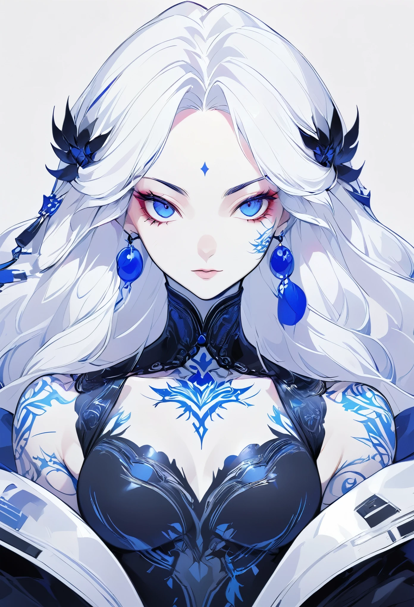 Hand drawn illustrations,Clean background,A woman,White long hair,Tattoo,Strong contrast