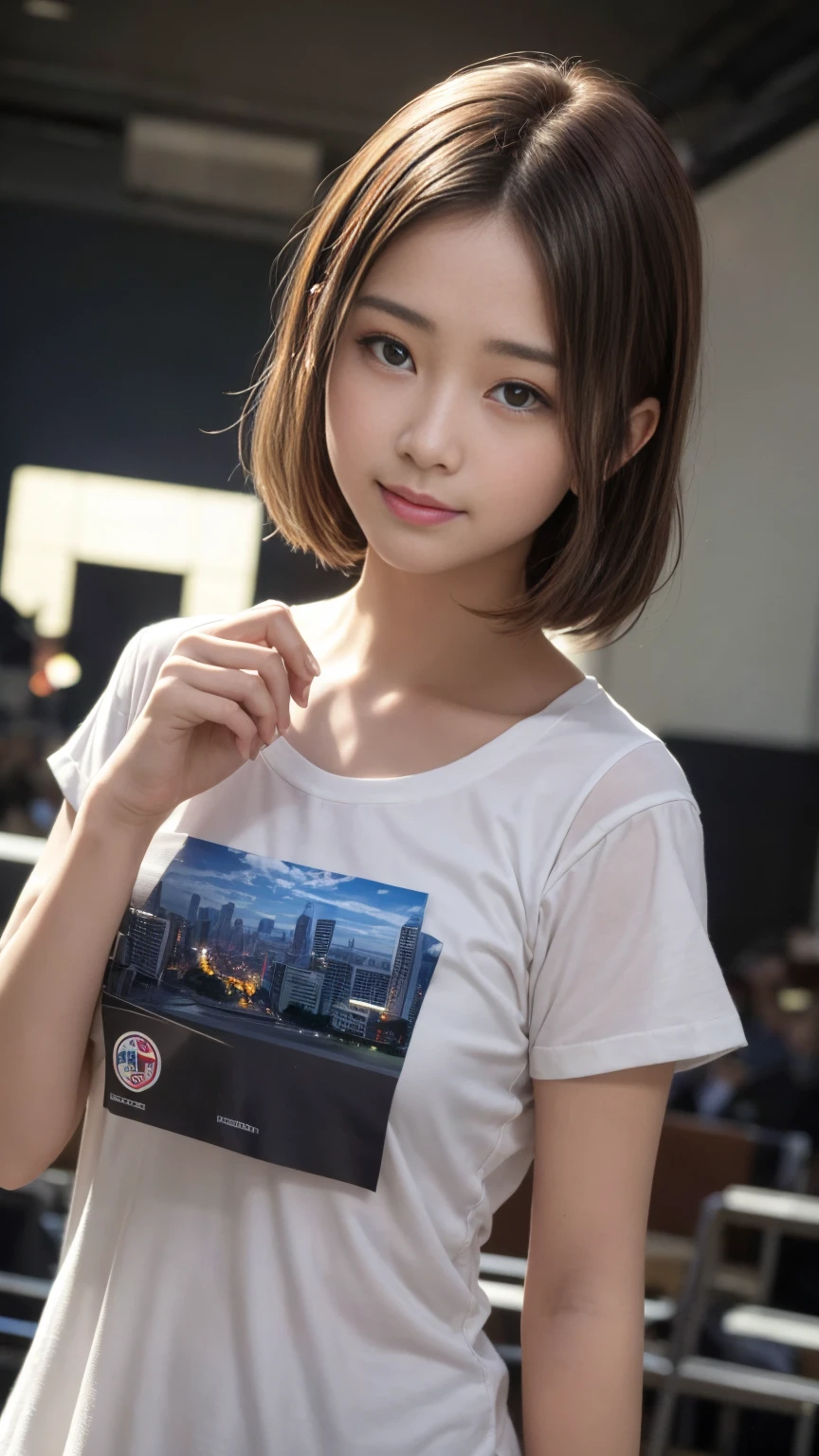 masterpiece, Highest quality, 8k, disorganized person, (Upper Body:1.4), White shirt, Beautiful girl, Beautiful face, Looking at the audience, smile, Ultra-realistic, High resolution, picture, The focus was clear, High resolution, Face Light, Dynamic Lighting, Cinema Lighting, Professional Shadow, Beautiful cityscape background, Best details, Very detailed, Super detailed, Finely detailed, Real Skin, Delicate facial features, Detailed face and eyes, Sharp pupils、Realistic students