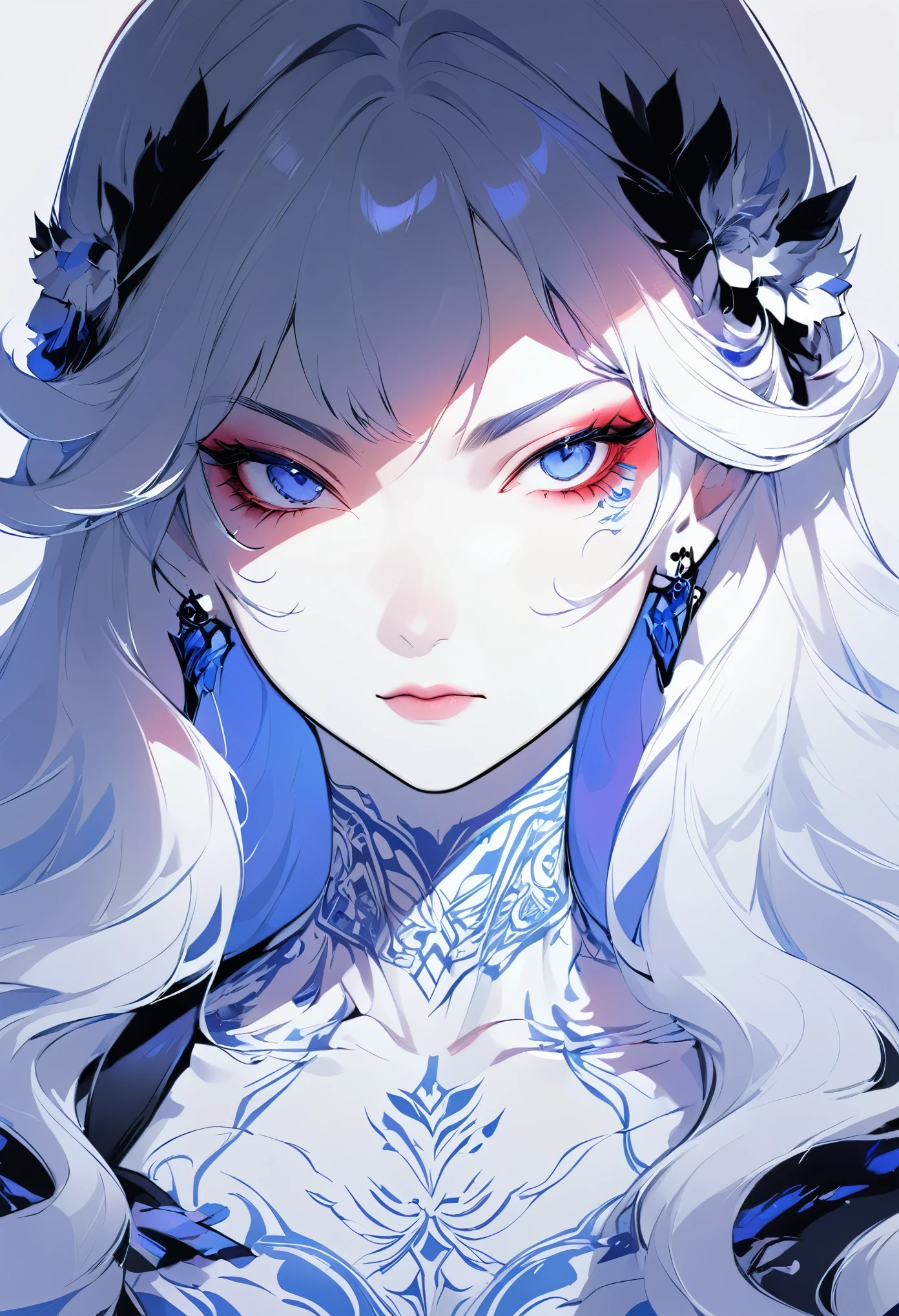 Hand drawn illustrations,Clean background,A woman,White long hair,Tattoo,Strong contrast