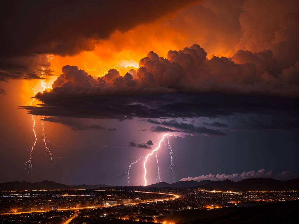 ((best qualityer)), ((work of art)), (detailded), paisaje, orange background, tempest, center hurricane cyclone tornado rounded by many lightnings, mountainscape, 1920x1080px