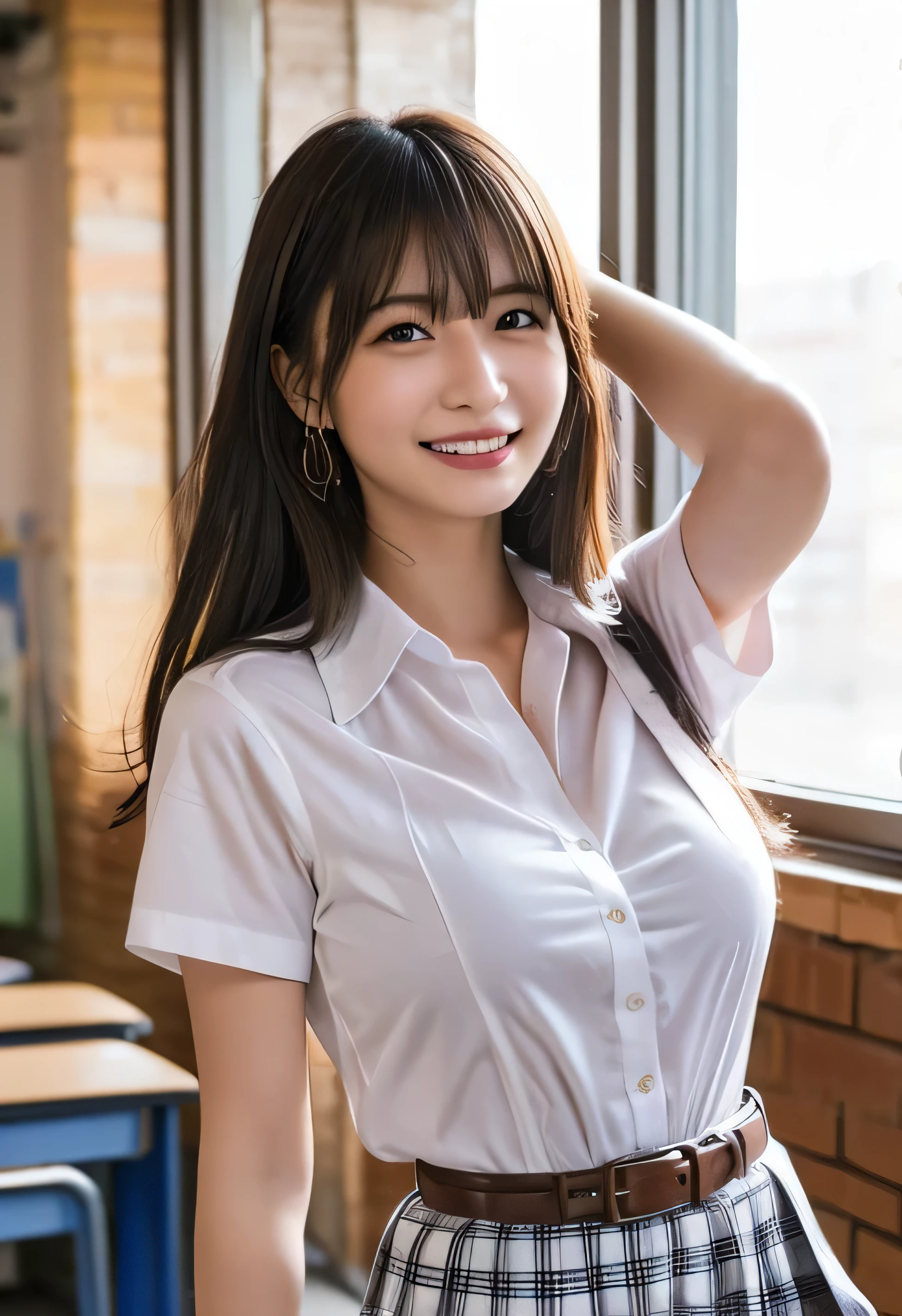 One Girl, (School classroom、服の上からでもわかるVery large breasts、School white summer shirt、school summer uniform、Beautiful girl, Delicate girl:1.3), (24-years-old:1.3),（Smiling with teeth showing、Cute smiling eyes、Cute loose perm、Braid only the bangs、Fluffy hair、Medium Short Hair、Wrapping a leather belt、Wear a checked miniskirt、Round and ample breasts、Curved waist、Photo from the waist up:1.4）
Very beautiful eyes, (School uniforms:1.3), (Very large breasts:0.5), Brown eyes, Parted bangs, Light brown hair,
, A face of ecstasy、(The expression of ecstasy、A face of ecstasy:1.0),
, (masterpiece, Highest quality, Super detailed, Detailed face, 8k)