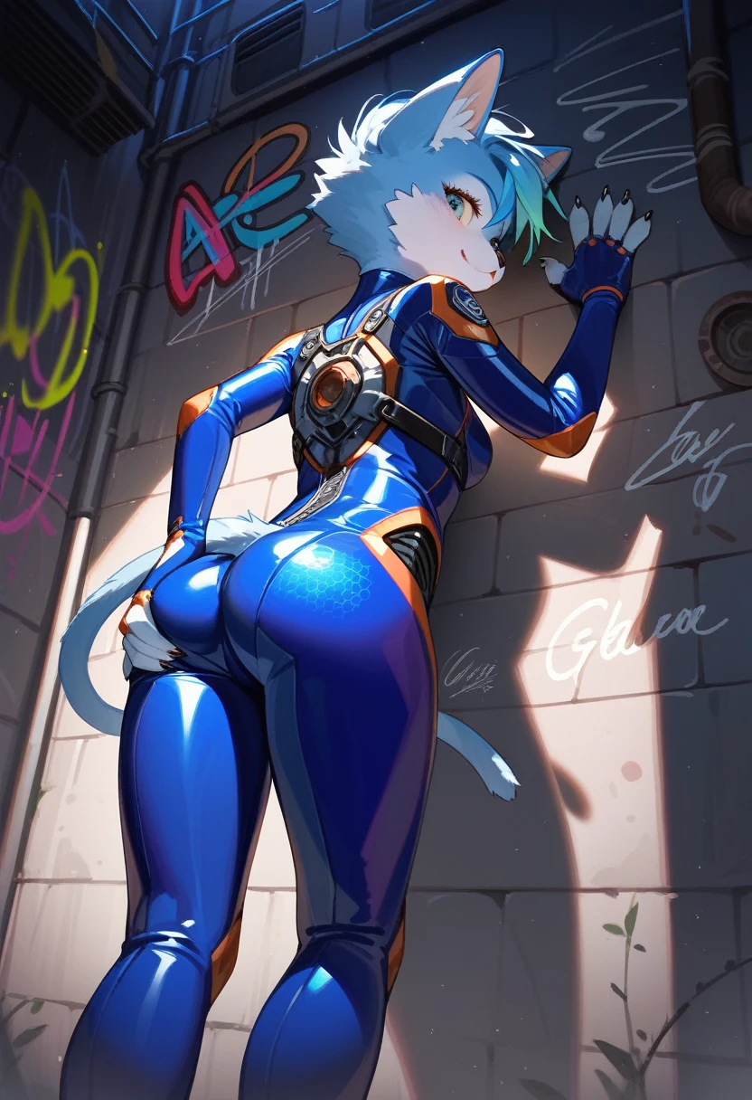 animation, Highest quality, Highest quality, High quality illustrations, masterpiece, Ultra-high resolution, Detailed Background, Alley, night, wall graffiti art, Absurd, Perfect Anatomy, performance, Good lighting, Shadows in the movies(kemono, Furry PersonifiCation), Cat, Blueskin, Blue Rubber Suit, latex, neon, neonライト, neonカラー, Bodysuits, Cyber Suit, Mech Suit, cyber punk, Put your hands on the wall, Stick your butt out, Dynamic Angle