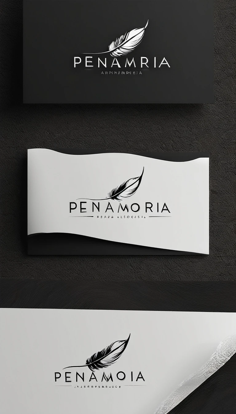 A minimal, modern, simple, cinematic logo design for the brand “Penamemoria". Create a modern, minimalistic, high-quality, logo of a feather with memories. The logo must be a symbol for dreams, stories, memories, music and imagination.