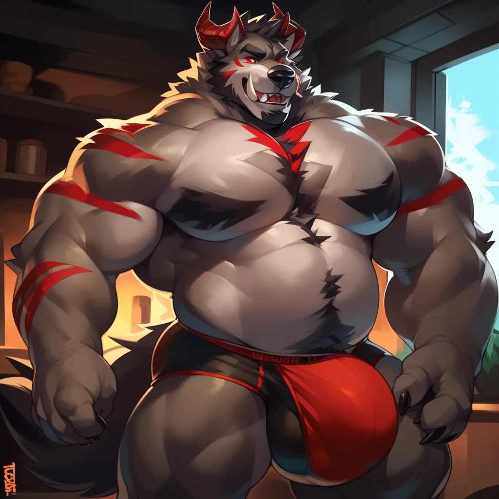 Solo, male (((giant, tall, wolf, werewolf, red eyes, grey body, Muscular, broad shoulders, hyper pecs, huge pecs, huge muscles, abs, muscular arms, muscular thighs, sharp teeth, black chest hair, black nose, tail, fangs, exposed teeth, clawed hands, clawed feet, big tusks, horns, big horns, body marking, red markings, black claws, scruffy cheeks, huge bulge))) forest, night, standing ((male focus, focus wolf, focus teeth)) rubbing stomach, detailed hands, detailed eyes, detailed face, detailed teeth, detailed tusks, detailed arms, detailed abs, detailed bulge, detailed snout, briefs, black briefs, big briefs, accurate tusk placement, perfect anatomy, by darkgem, by mystikfox61, by glitter trap boy