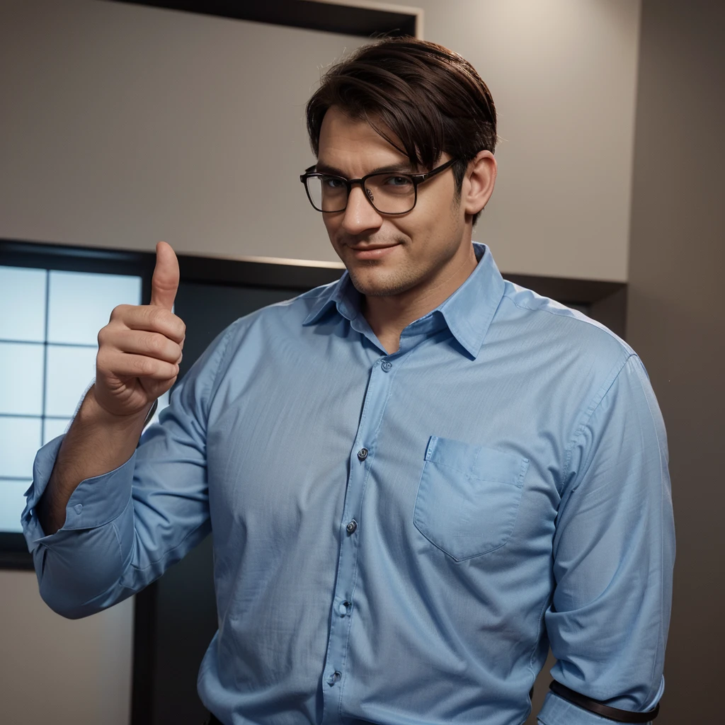 3d avatar pixar style man with dark square frame glasses, dark and slanted eyes, short dark hair with gray highlights, light blue dress shirt,in the shirt pocket written the word "transandina", long sleeve, Cowboys, He smiles quietly and makes a "thumbs up" left hand gesture. wide oval face round nose small ear, chubby