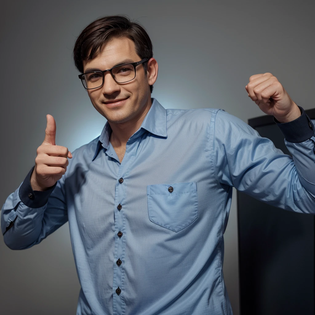 3d avatar pixar style man with dark square frame glasses, dark and slanted eyes, short dark hair with gray highlights, light blue dress shirt,in the shirt pocket written the word "transandina", long sleeve, Cowboys, He smiles quietly and makes a "thumbs up" left hand gesture. wide oval face round nose small ear, chubby