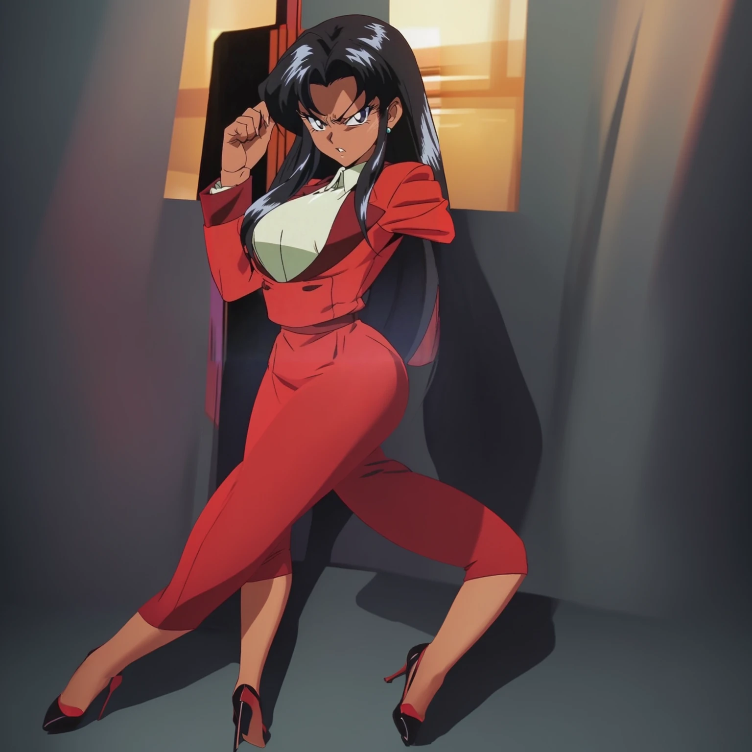 90s anime Evil black skinned business woman in a red suit and long red skirt and red heels and long red sleeves 