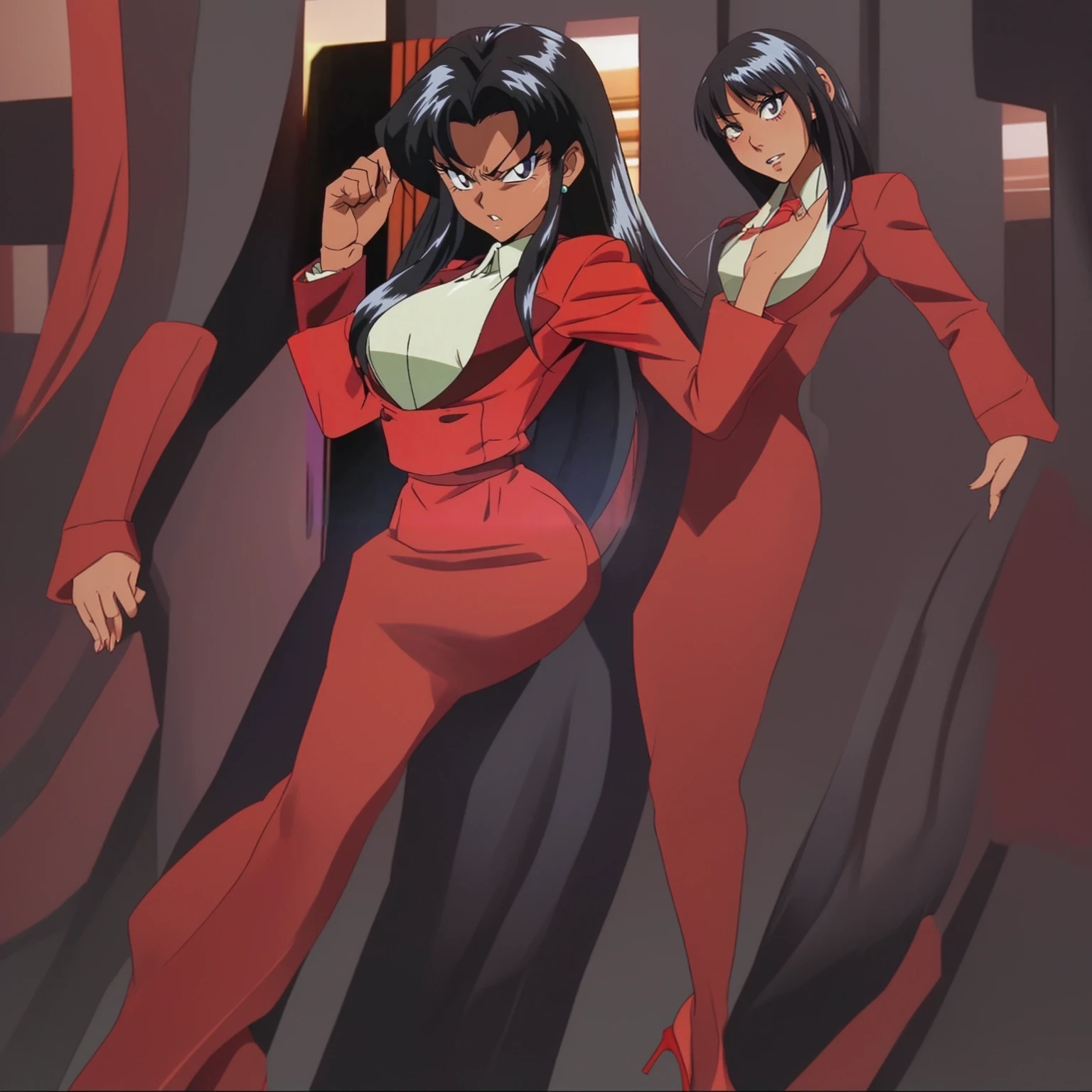 90s anime Evil black skinned business woman in a red suit and long red skirt and red heels and long red sleeves 