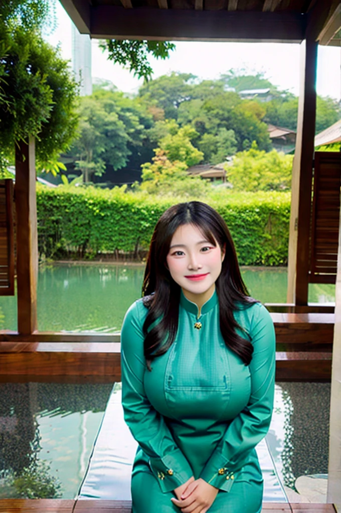 big breast, standing, ao dai, smile, big areola, (((tranparent cloth))), squatting