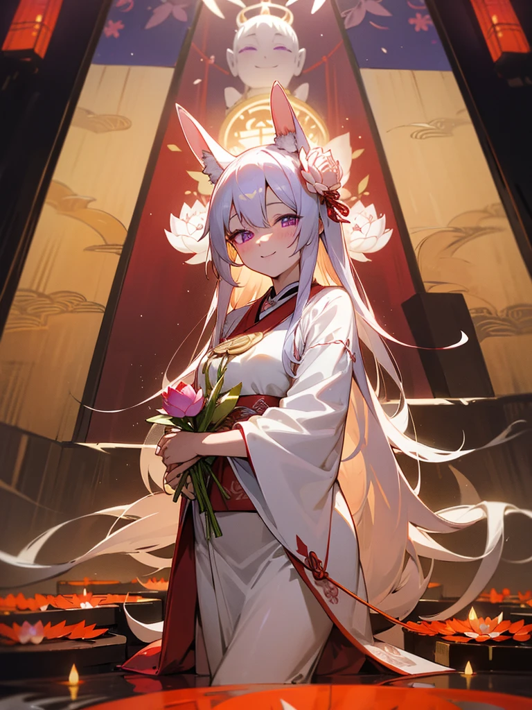 Buddha, rabbit ears, long white hair, Red Japanese pattern dress, portable shrine, festival, Angel Halo, lotus flower field, purple eyes, smile, 日の丸
, lotus bouquet, gold screen, paradise, Rose hair ornament