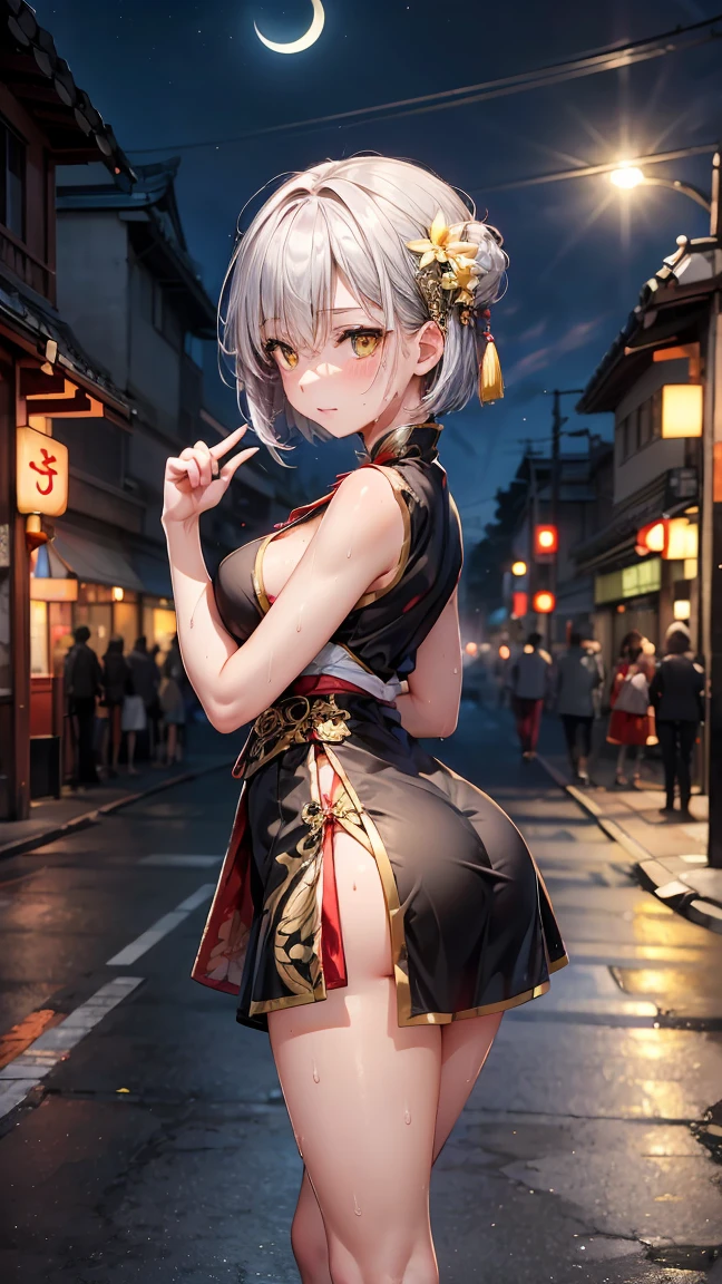 young girl , short silver bob hair, hair flower, sharp bangs between the eyes, yellow eyes, eyes large, confident looking. ((traditional chinese imperial clothes black with gold details,)) ((red skirt)) black thigh high socks. empowered pose, confident pose, chin up. medium breasts, fine legs, ((slenderbody,)). point of view from above, view from side, side point of view, on the street of a Japanese city, at night, with full moon in the background, light reflecting on the sexy and sweaty body. (((sweat)))