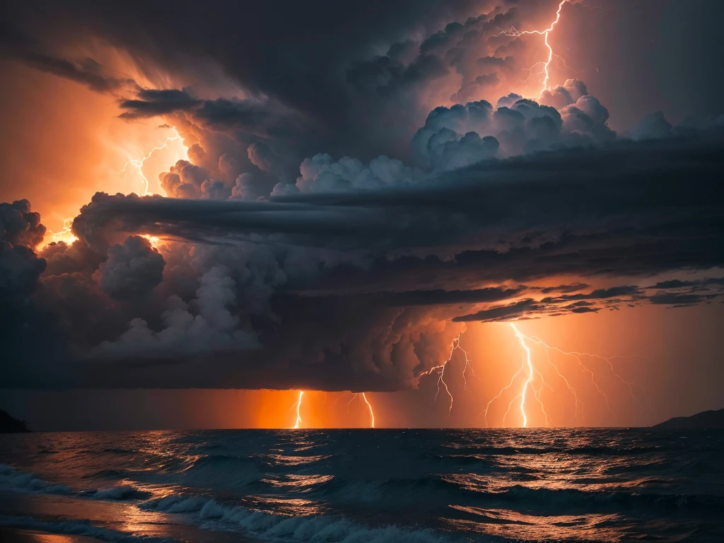 ((best qualityer)), ((work of art)), (detailded), paisaje, orange background, tempest, hurricane cyclone tornado rounded by many lightnings, mountainscape, 1920x1080px