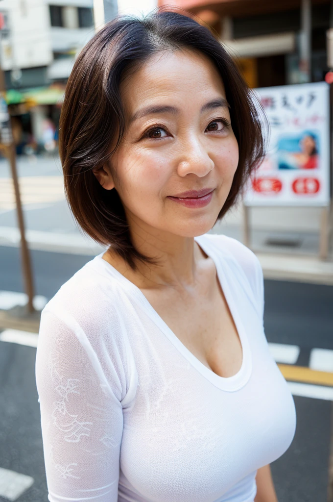 (top quality,masterpiece,ultra-detailed,photo realistic,Textured skin,beautiful skin,anatomically correct:1.2),(white-tshirts),(no makeup),(detailed eyes),(upperbody shot:1.2),(45 years old),(Japanese mature woman),Natural eyebrows,flat lighting,((1 girl)),smile a little,On the streets of Japan