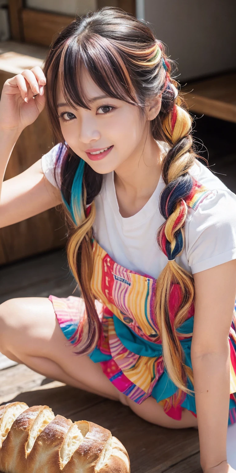 Fluid organization:1.6), 本当に野生の髪を持つ一人のbeautiful女の子, (Colorful wavy hair:1.2),( Two long braids:1.2), (Long wild hair:1.2), (Multicolored Hair: 1.9),可愛いsmile
パン屋販売スタッフ、(((Low - Angle:1.4)))、((One hand raised))、((She is wearing a colorful and pop blouse and apron.)),(;have big bread))、(((Spread your legs:1.4)))、,(((beautiful armpits:1.2)))、High resolution、Bakery、16-year-old girl、smile、Finished as in the picture、white and beautiful skin、Focus on small breasts、((beautiful５This finger))、Bakeryの制服を着ています、最high quality、High resolution、Very detailed、masterpiece、Live Shooting:2、Genuine:2、photoGenuineistic:2、very delicate and beautiful、Fine details、Textured skin、Full Shot、、(beautiful face:2)、hot pants、Putting on makeup、Perfectly balanced legs:1.5), Looking at the camera, Angle from above, (((hot pants))), High resolution、未来のBakery、Delicious bread that women will love、Looking at the camera、smile、Finished as in the picture、、(((I have a big loaf of bread)))、(((cute smile)))、((((Eat delicious bread)))))、((I love bread))、(front focus piece:1.3), 
、Cute Apron、Rainbow Apron、Bakeryの制服を着ています、明るすぎるNatural light、Shining sunlight、最high qualityのディテール, Japanese Girls,1 girl, 8k, RAW Photos, 最high quality, Ticker:1.2, Very detailedなRAWカラー写真, Professional photos, (reality, photoGenuineisticです:1.37), (Very detailedな皮膚:1.2), 超High resolutionな, (Lenz 50mm),,絶妙にFine grain,Look at the person watching,Pretty face, Just Mile:1.05),Wide Hips,Straight hair,,Light pink inner color、 white and fine skin、(Very detailedな8k cg:1.2), (hyper Genuineistic:1.35), (photoGenuineisticです:1.45), (reality:1.4), 

(背景はBakery:1.1)、Sexy upward glance, 、Very detailed、masterpiece、最high quality、Ultra-high resolution energy A、8kのHigh resolutionにより、Transparency as shown in the photo、Fine grain、Expression of gradation、Perfect anatomical figure ,hard disk、Ticker (English) 、 Nikon Z9 80mm Lens ,、明るすぎるNatural light、Shining sunlight、、Ultra slim body、Slender model figure、beautiful姿勢、, 最high quality, 8k, RAW Photos, Confused, Award-winning portraits, shy smile, shy smile, , Delicate girl,, Digital SLR, View your viewers, Frank, Sophisticated, Thin arms, Professional Lighting, Film Grain, chromatic aberration, (Fine grainと顔:1.0), Live Shooting、(((A portrait of extreme beauty)))、((Glowing Skin))、1 girl、16 year old beautiful girl from Prague、Bright expression、((Platinum Blonde Hair))、[Big blue eyes that sparkle like jewels]、Shiny skin、silky super long Straight hair、eyeliner、beautiful前髪、Hair around the eyes、最high quality、Very detailed、Film Light、Intricate details、High resolution、Very detailed))、Detailed Background、8 KUHD、Digital SLR、Soft Light、high quality、Film Grain、Fujifilm XT3 、Shallow depth of field、Natural light、(((Spread your legs:1.4)))、The pieces fly、High resolution、Bakery、16-year-old girl、smile、Finished as in the picture、white and beautiful skin、Focus on small breasts、最high quality、High resolution、Very detailed、masterpiece、Live Shooting:2、、neon hair clip,masterpiece、最high quality、
One girl,Ives Girl,beautiful照明,(((Anyone can see the D logo.:9)))
