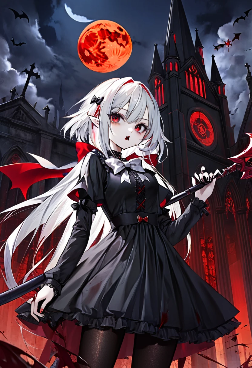 1 teenager girl, vampire, elf, young, black gothic dress, black tights, red eyes, white hair with bow, red scythe, scythe, against the backdrop of the red moon, abandoned gothic church, night, looking at viewer, majestic pose, dark, blood, 8k, masterpiece, high res, ultrasharp.