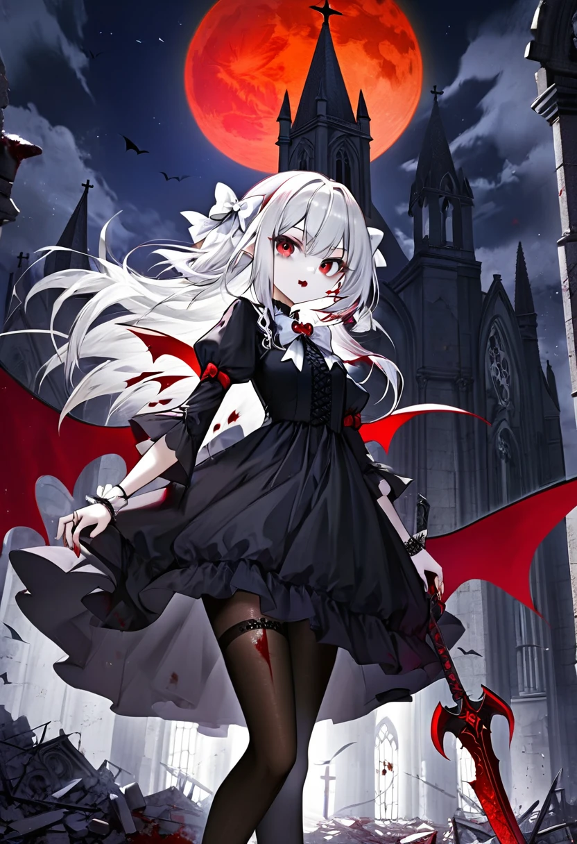 1 teenager girl, vampire, elf, young, black gothic dress, black tights, red eyes, white hair with bow, red scythe, scythe, against the backdrop of the red moon, abandoned gothic church, night, looking at viewer, majestic pose, dark, blood, 8k, masterpiece, high res, ultrasharp.