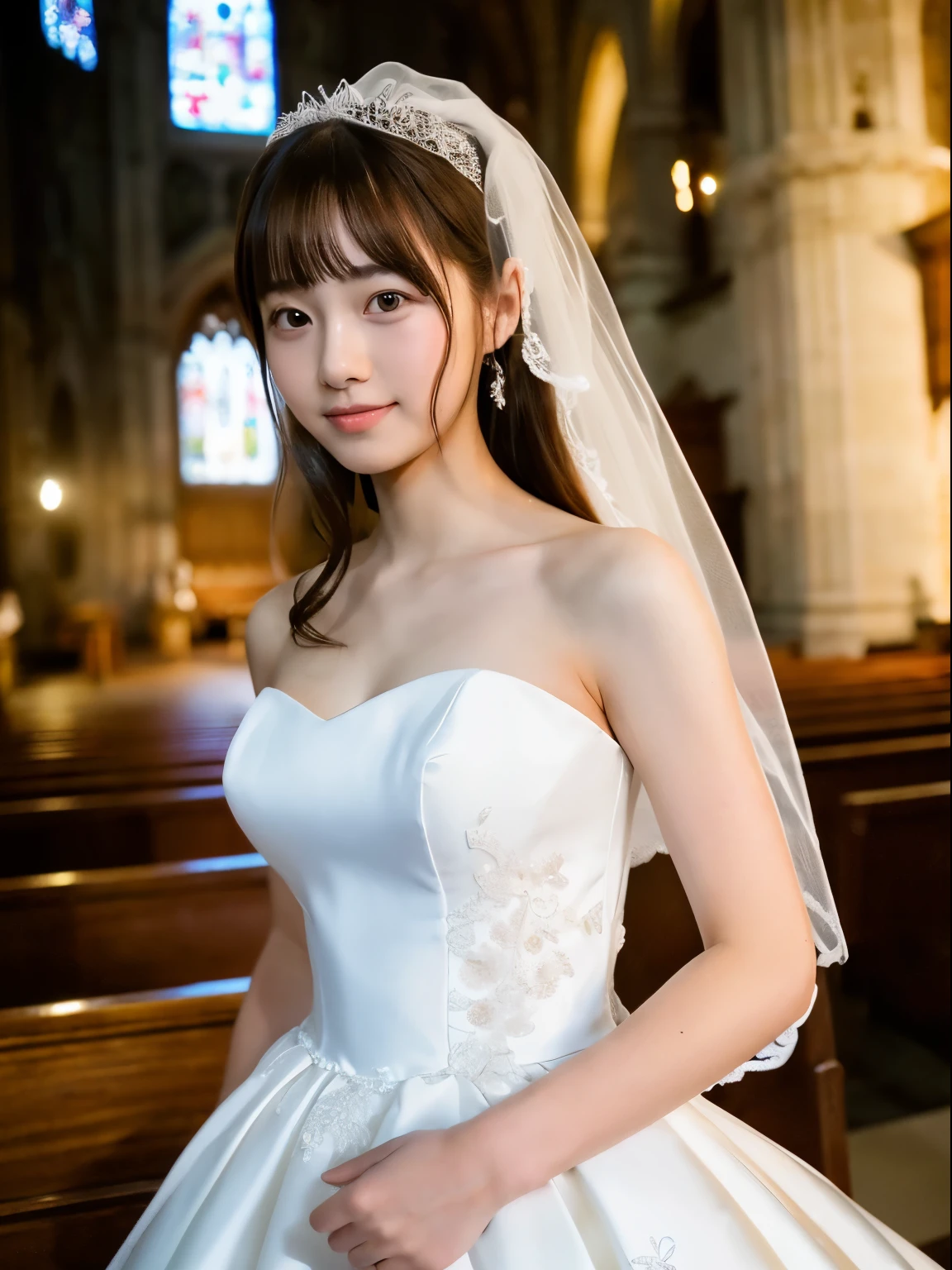 (8k, Top quality, Masterpiece:1.2), (Realistic, photo-realistic:1.37), Super detailed, perfect anatomy, cute, small eyes, wedding dress, 18-years old, a Japanese, girl, church,