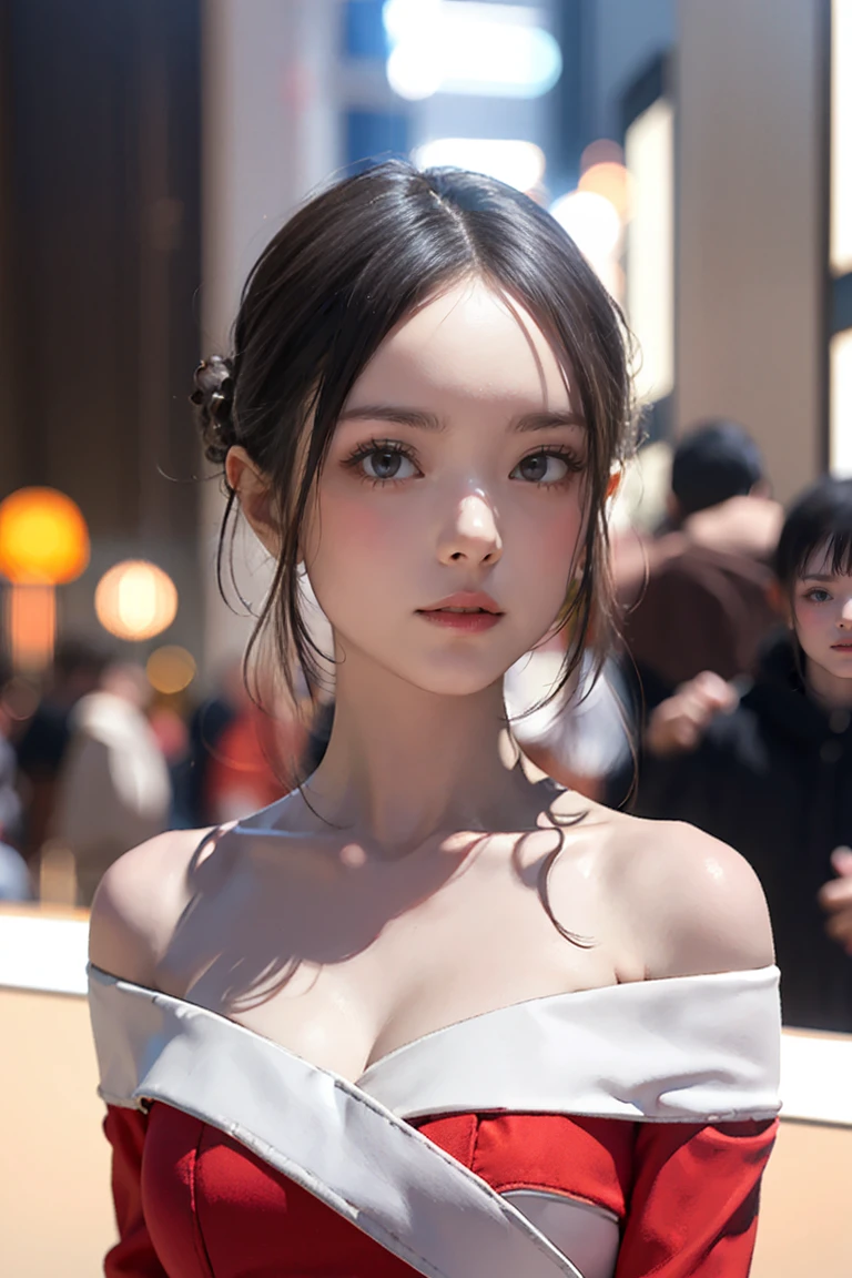 masterpiece, Warm color palette，Light of the sun，Light art，(Attention to detail:1 1), insufficient々しいface, Gray Hair，Off-the-shoulder clothing，Large Breasts，Natural Skin, high quality, Browsing Caution, Beautiful Eyes, (詳細なfaceと目), (face: 1 2), noise,Extra, Actual photo shoot, .PSD, Lamp Film Photo, Sharp focus, Contrast lighting, Delicate skin, High resolution 8k, Very detailed, Realistically, Professional photography, 8k