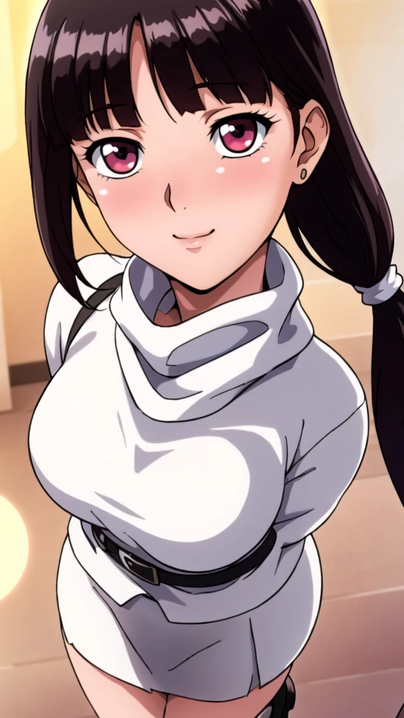 white turtleneck, black pencil skirt, suspender, white long skirt,white belt,hair ornament, hair scrunchie,low ponytail,
long hair,bangs, black hair, blunt bangs,big red eyes,alone, 1 girl,Young female, 18 years old, very cute, smile, Beautiful Finger,Beautiful long legs,Beautiful body,Beautiful Nose,Beautiful character design, perfect eyes, perfect face,expressive eyes, looking at viewer, in the center of the image,(light_smile:0.5), official art,extremely detailed CG unity 8k wallpaper, perfect lighting,Colorful, Bright_Front_face_Lighting,shiny skin, (masterpiece:1.0),(best_quality:1.0), ultra high res,4K,ultra-detailed, photography, 8K, HDR, highres, absurdres:1.2, Kodak portra 400, film grain, blurry background, bokeh:1.2, lens flare, (vibrant_color:1.2), (beautiful_face:1.5), (curvy body), ashamed, blushing,
