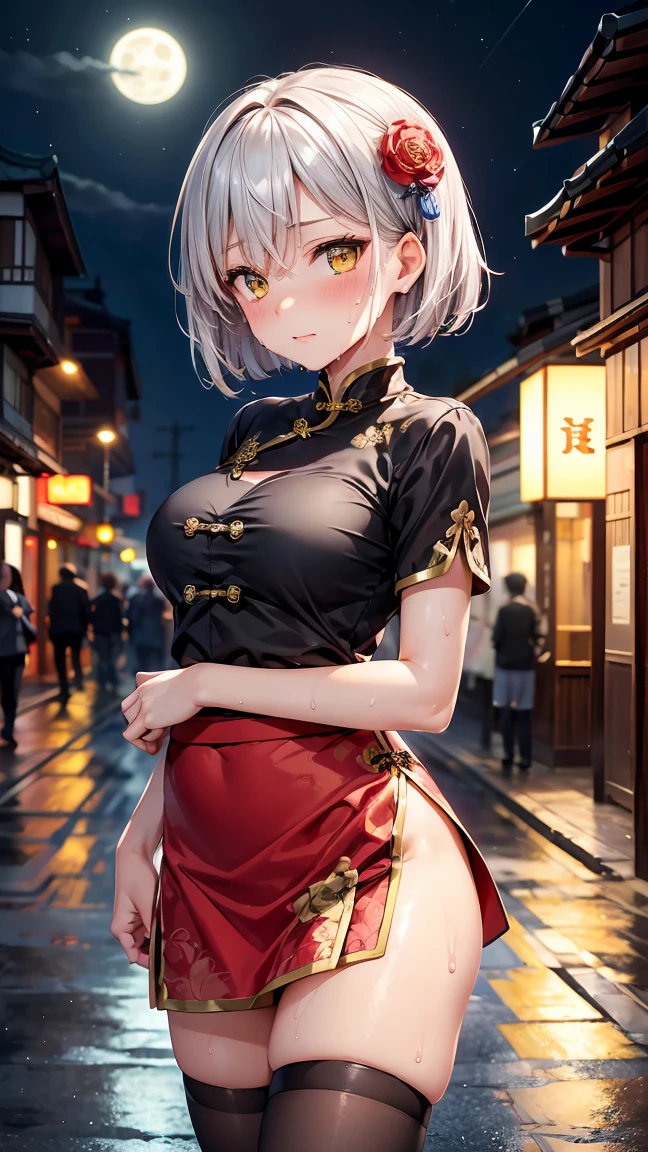young girl 16 years old, short silver bob hair, hair flower, sharp bangs between the eyes, yellow  eyes, eyes large, confident looking. ((traditional chinese imperial clothes black with gold details,)) ((red skirt)) black thigh high socks. empowered pose, confident pose, chin up. medium breasts, fine legs, ((slenderbody,)). point of view from above, view from side, side point of view, on the street of a Japanese city, at night, with full moon in the background, light reflecting on the sexy and sweaty body. (((sweat)))
