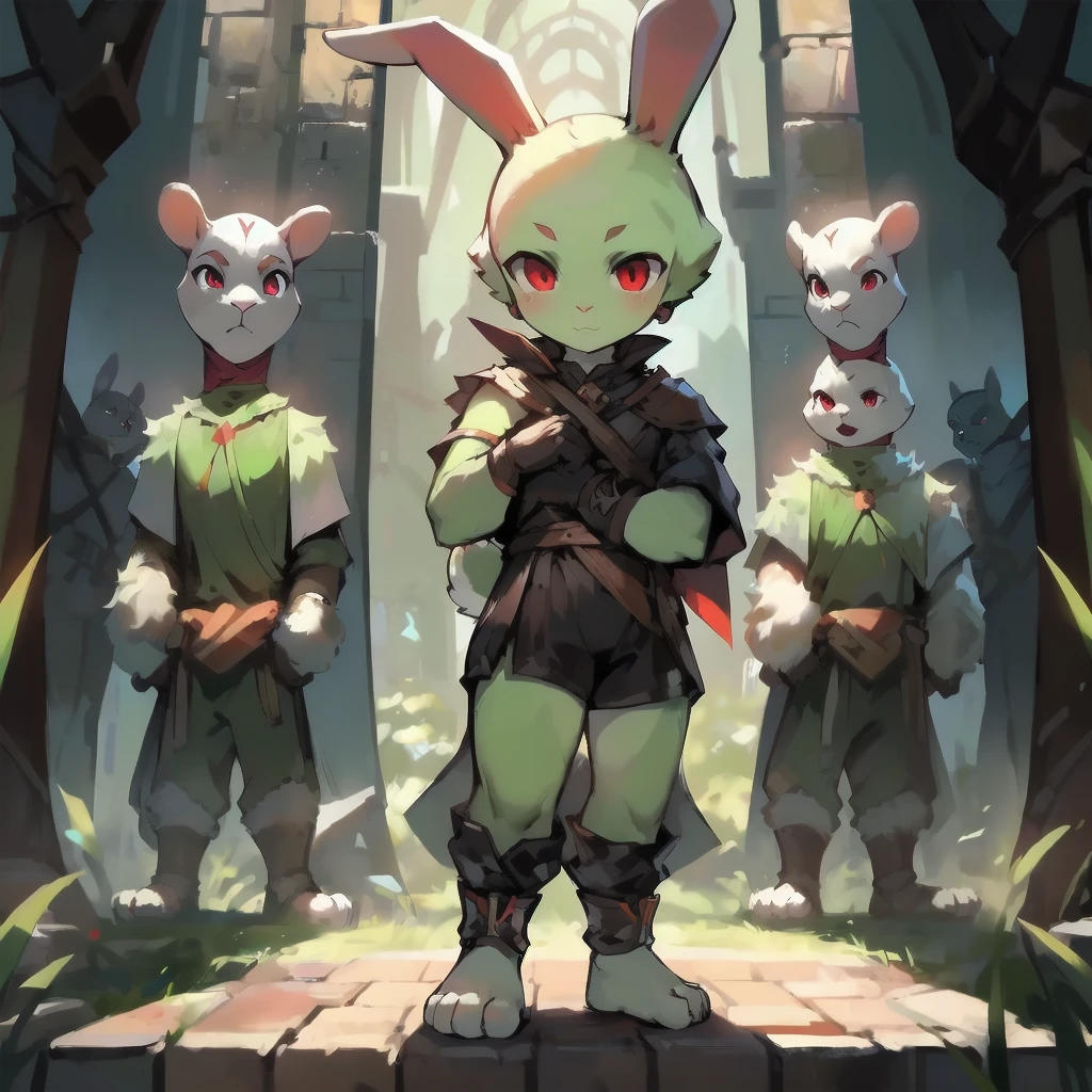 Best quality,Masterpiece,(standing on your feet),((Black top)),(Black shorts),frontage,((bit girl)),((chiquita)),(Short stature),(long ear),((bald-headed)),(short hairs),((rabbit Body Features)),(rabbit Facial Features),(red eyes),(bunny tail),(White belly fur),Light green body hair,(Light green face),((Light green legs)),((White feet)),((black glove)),((Black ankle pads)),(Long rabbit earedieval execution site background))