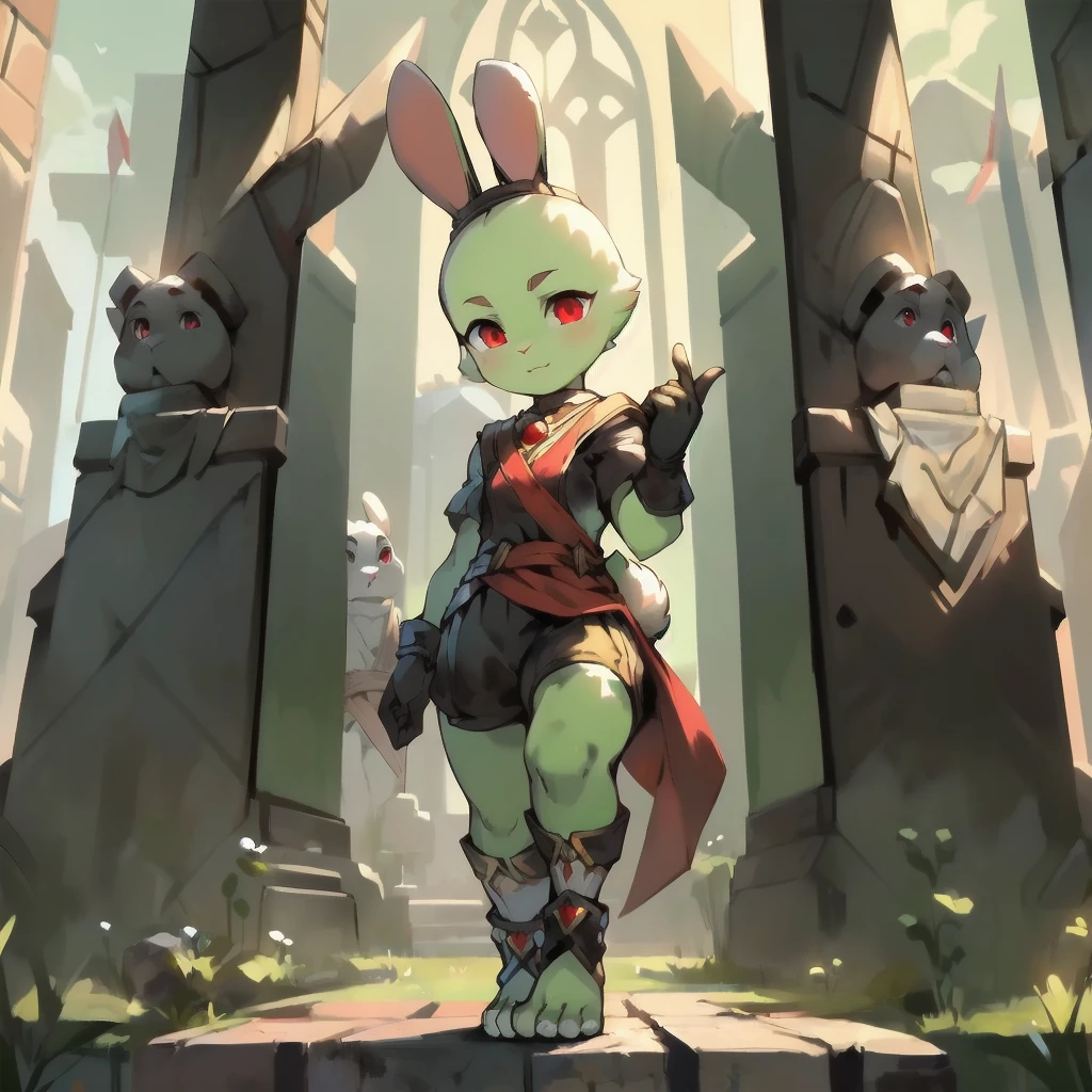 Best quality，Masterpiece，(standing on your feet)，((Black  top))，(Black  shorts)，frontage，((bit girl))，((chiquita))，(Short stature)，(long ear)，((bald-headed))，(short hairs)，((rabbit Body Features))，(rabbit Facial Features)，(red eyes)，(bunny tail)，(White belly fur)，Light green body hair，(Light green face)，((Light green legs))，((White feet))，((black glove))，((Black ankle pads))，(Long rabbit earedieval execution site background))