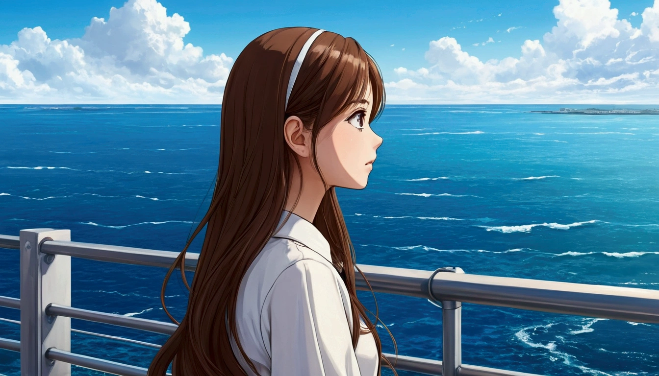 Anime Style, A girl with long brown hair looking at the sea, profile, Ocean Background, Big eyes, beautiful, City pop fashion, The sea spreads out before your eyes